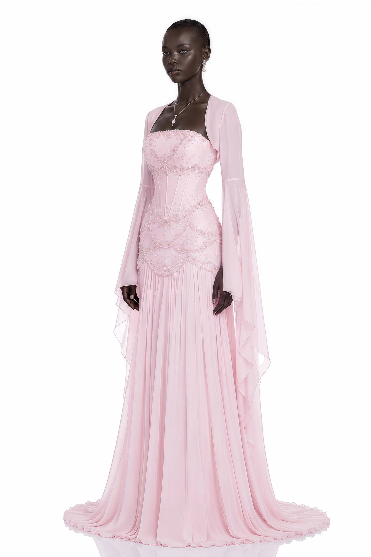 Gaëlle Pink Fauxpearlembellished Pleated Maxi Dress