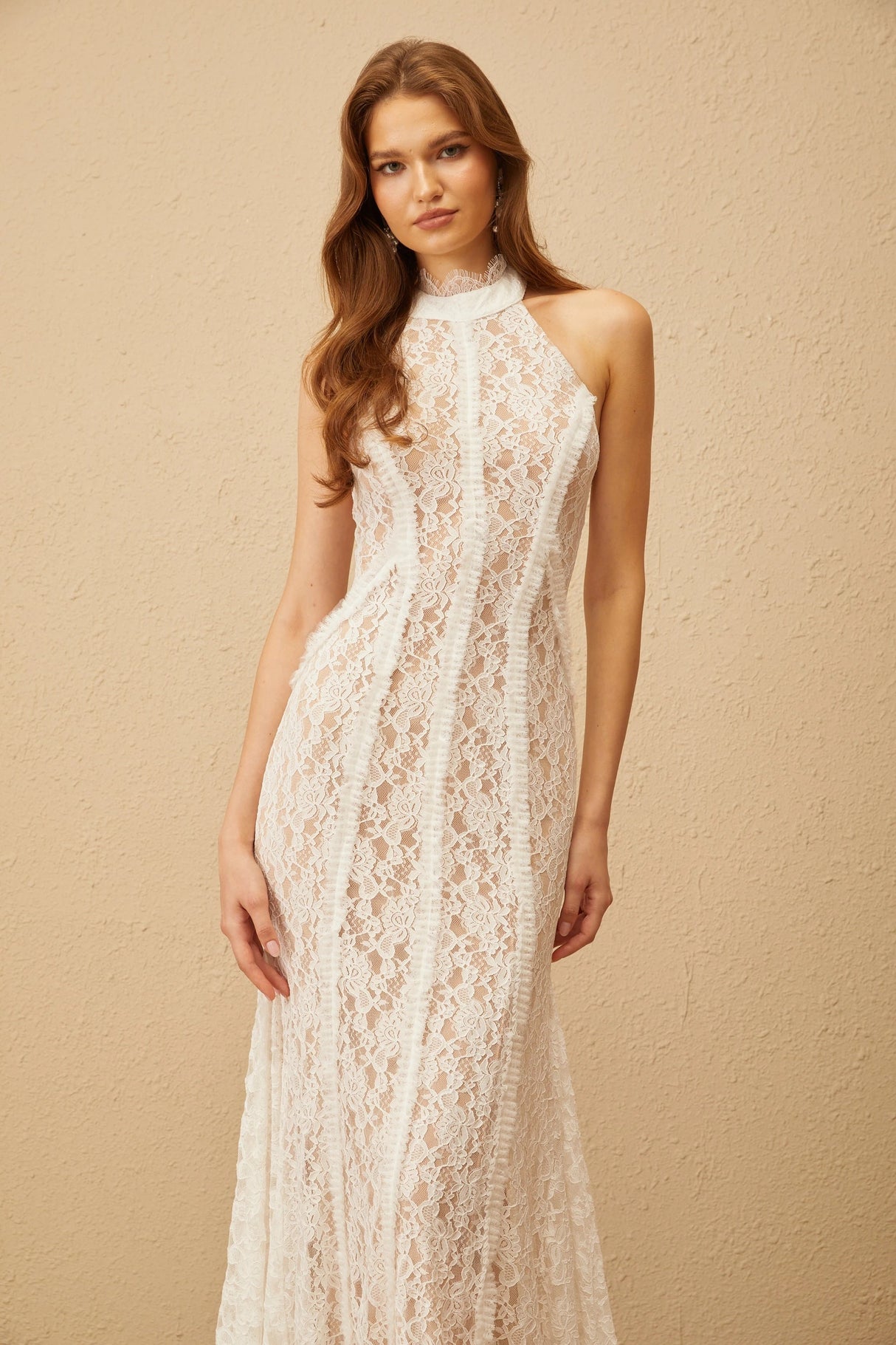 Gaëlle White Train Design Lace Maxi Dress