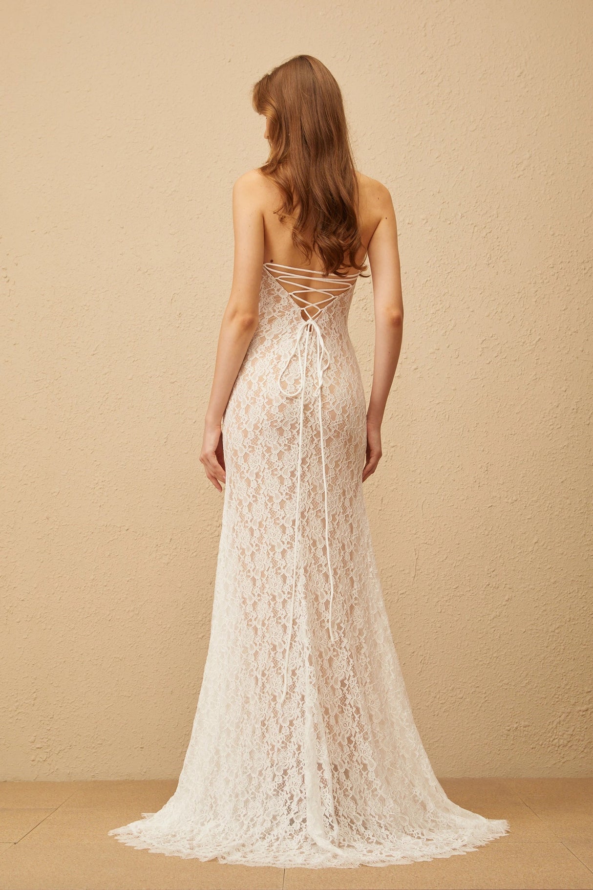 Gaëlle White Train Design Lace Maxi Dress