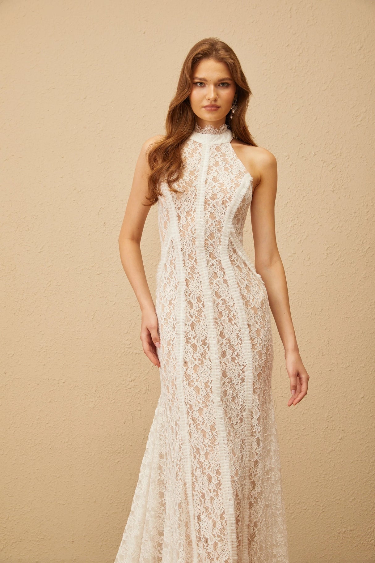 Gaëlle White Train Design Lace Maxi Dress
