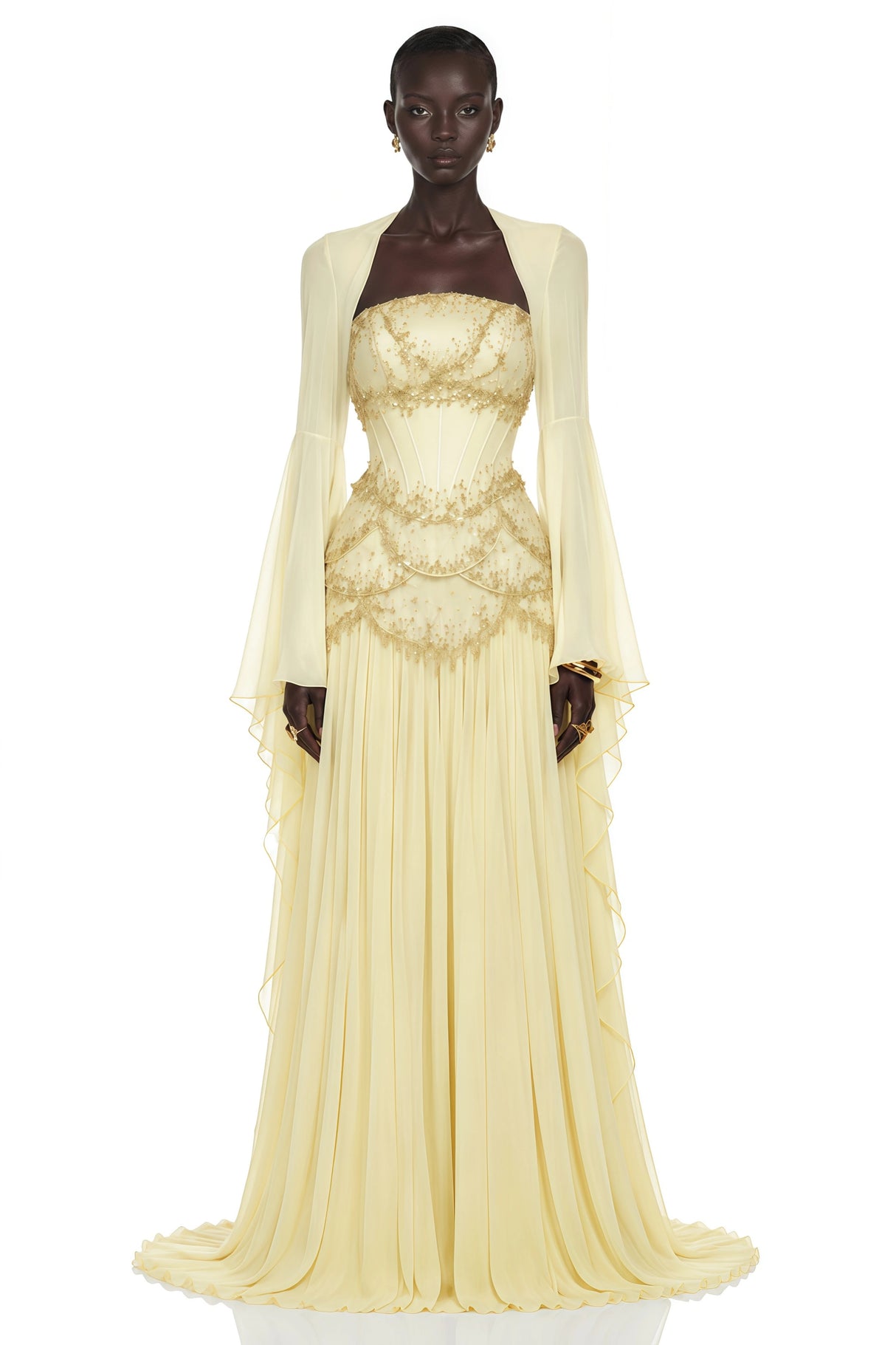 Gaëlle Yellow Fauxpearlembellished Pleated Maxi Dress