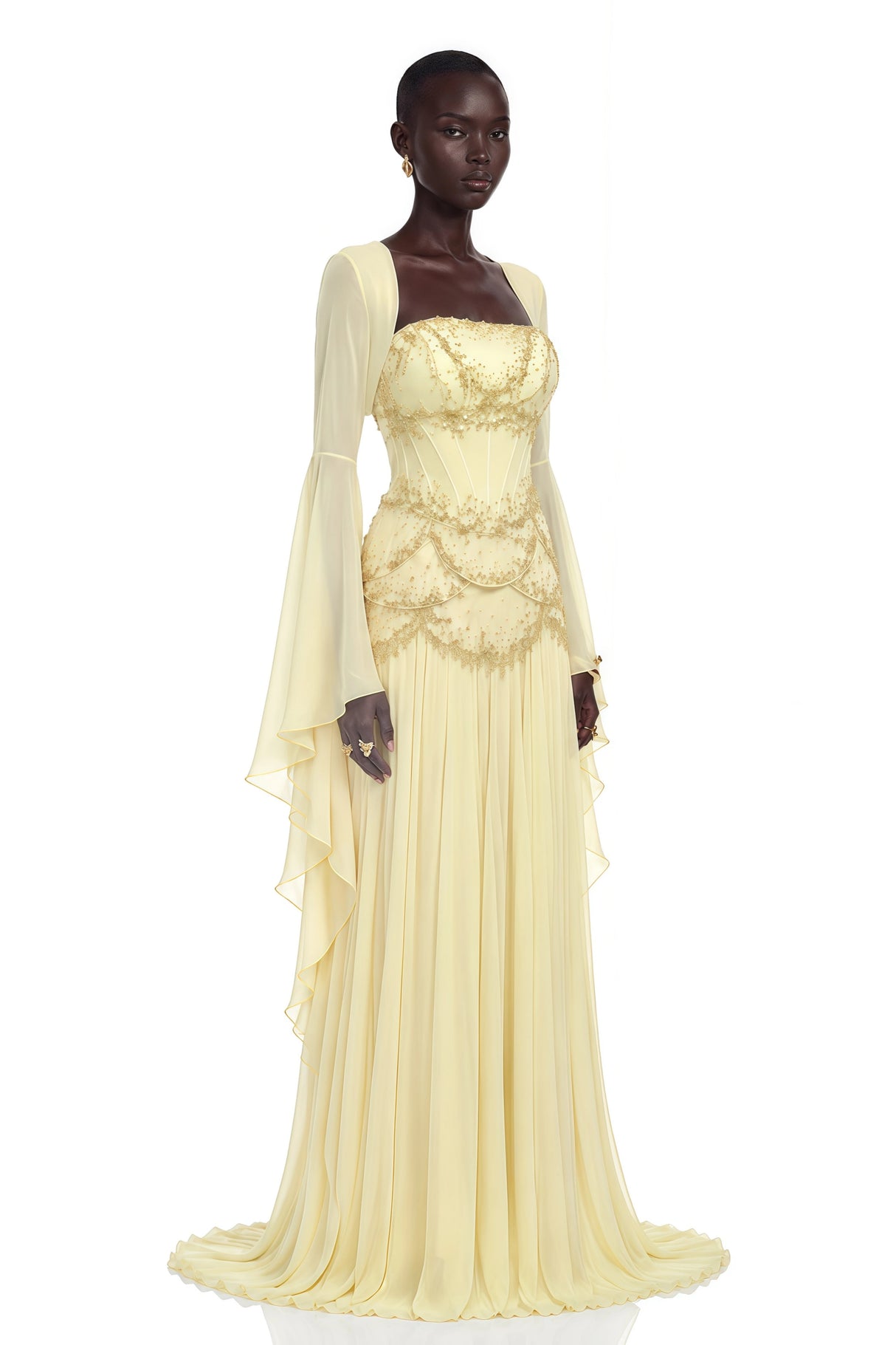 Gaëlle Yellow Fauxpearlembellished Pleated Maxi Dress