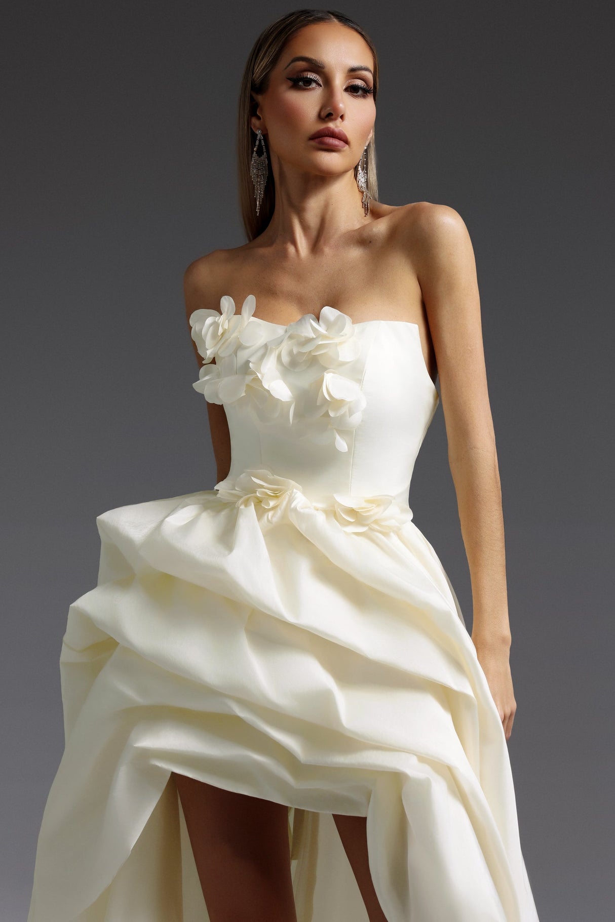 Gaetana Ivory Floral Embellished High-Low Dress