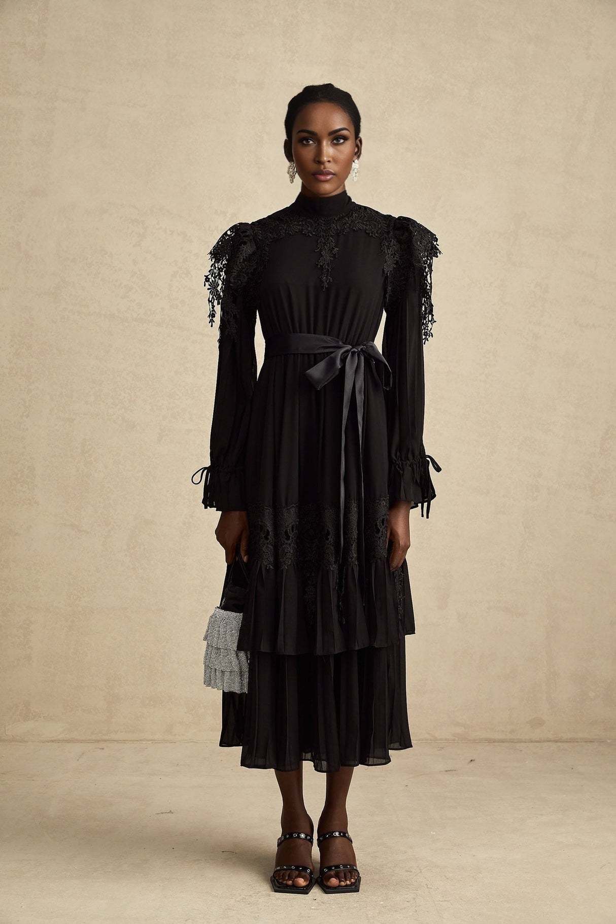Gaetana Midi Dress - Long Sleeves - Guipure Lace - Ruffled Trim - Pleated & Tiered Design - Belted Waist