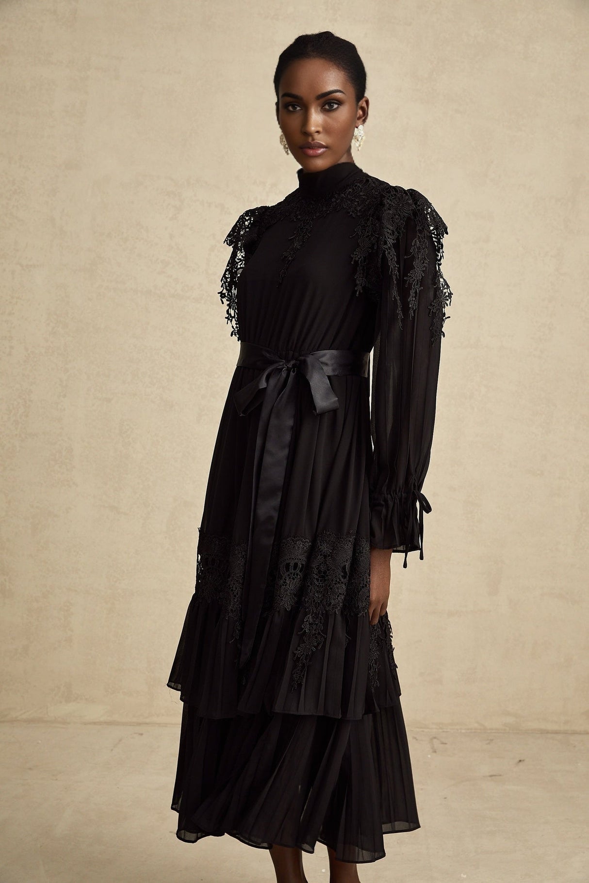 Gaetana Midi Dress - Long Sleeves - Guipure Lace - Ruffled Trim - Pleated & Tiered Design - Belted Waist
