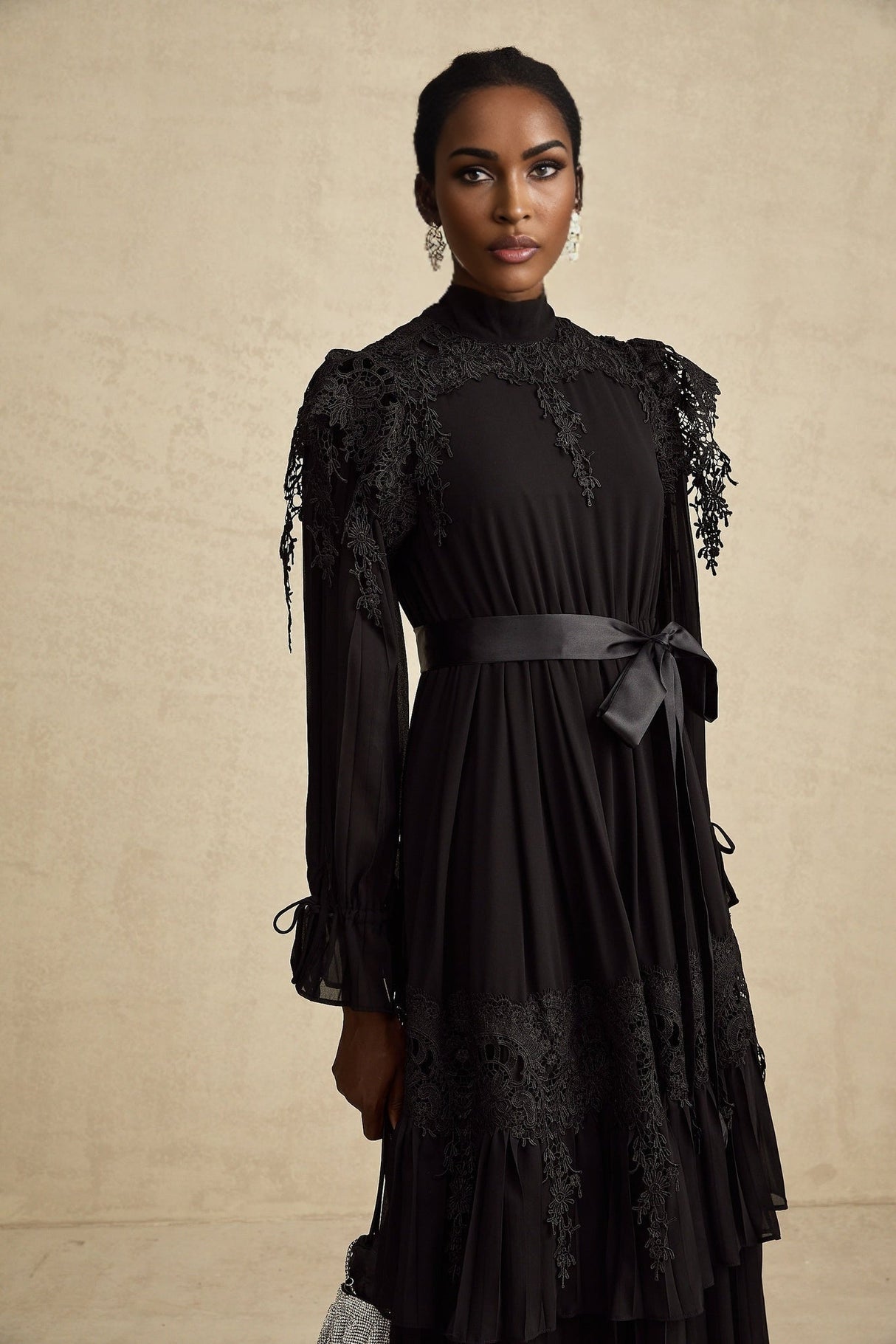 Gaetana Midi Dress - Long Sleeves - Guipure Lace - Ruffled Trim - Pleated & Tiered Design - Belted Waist