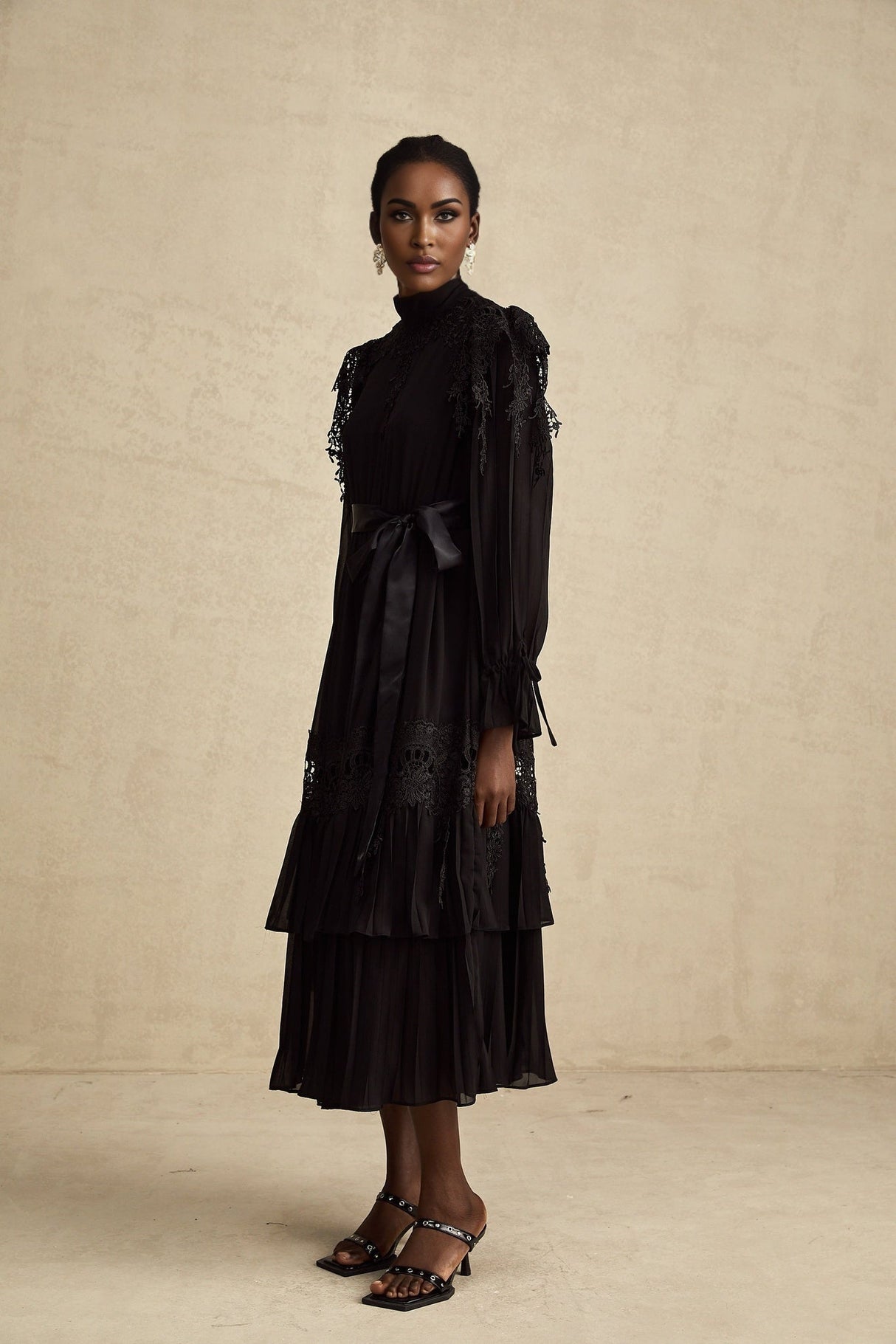 Gaetana Midi Dress - Long Sleeves - Guipure Lace - Ruffled Trim - Pleated & Tiered Design - Belted Waist