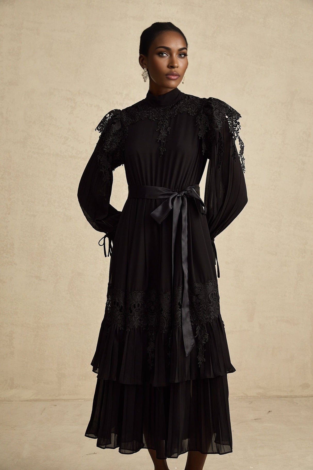Gaetana Midi Dress - Long Sleeves - Guipure Lace - Ruffled Trim - Pleated & Tiered Design - Belted Waist