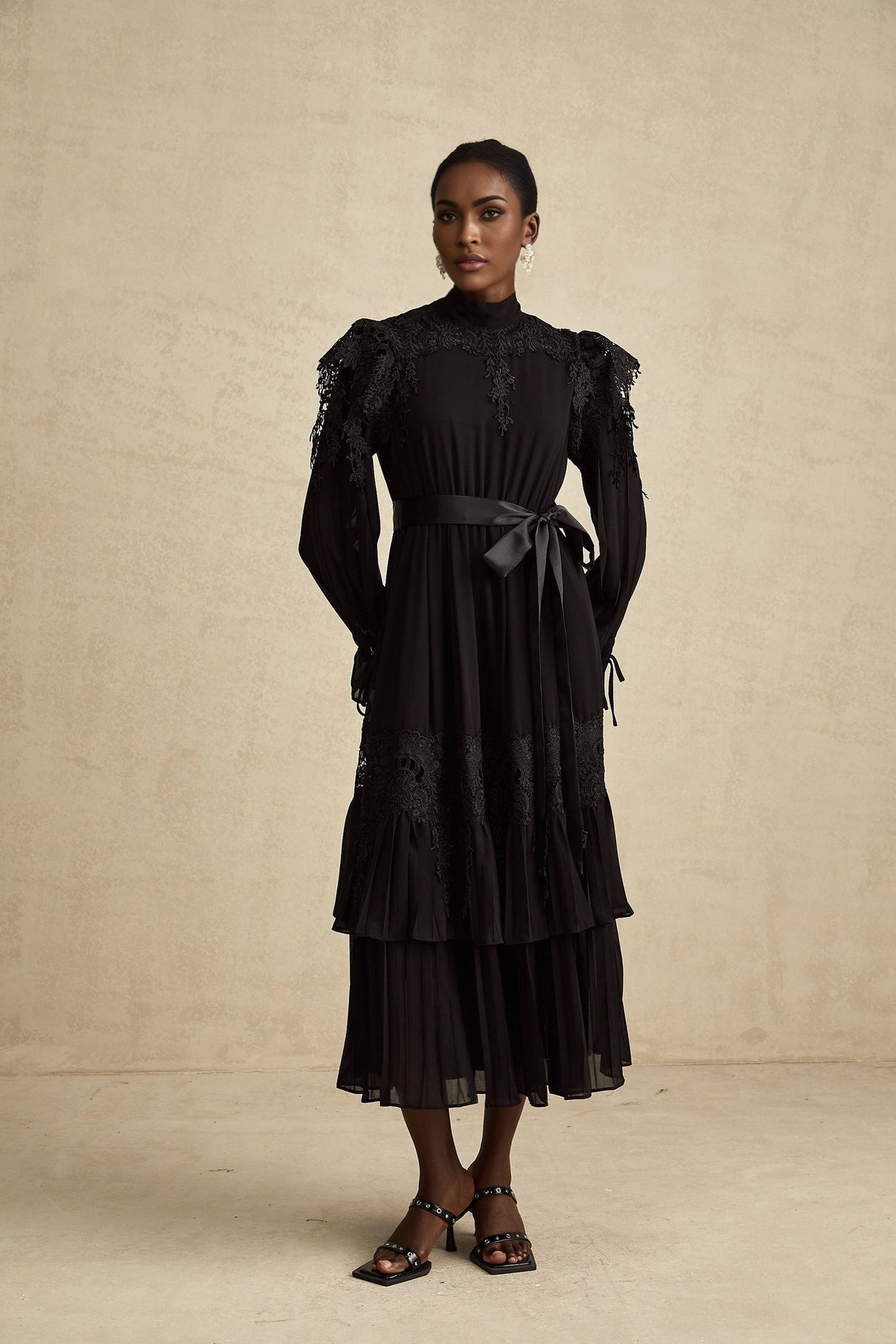 Gaetana Midi Dress - Long Sleeves - Guipure Lace - Ruffled Trim - Pleated & Tiered Design - Belted Waist