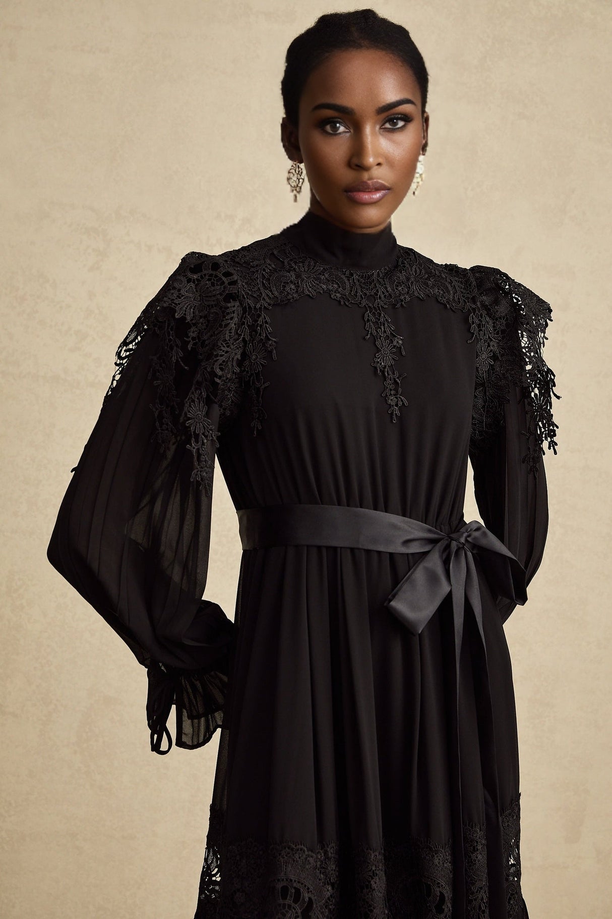 Gaetana Midi Dress - Long Sleeves - Guipure Lace - Ruffled Trim - Pleated & Tiered Design - Belted Waist