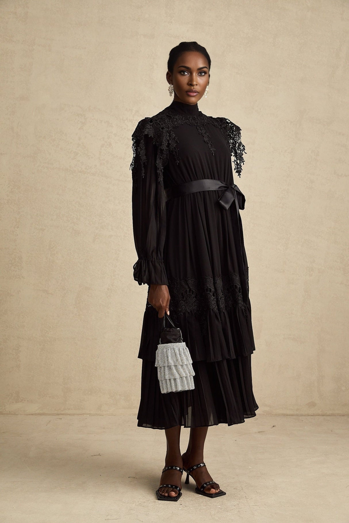 Gaetana Midi Dress - Long Sleeves - Guipure Lace - Ruffled Trim - Pleated & Tiered Design - Belted Waist
