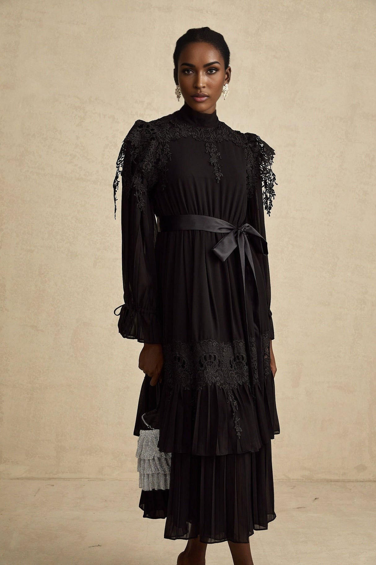 Gaetana Midi Dress - Long Sleeves - Guipure Lace - Ruffled Trim - Pleated & Tiered Design - Belted Waist