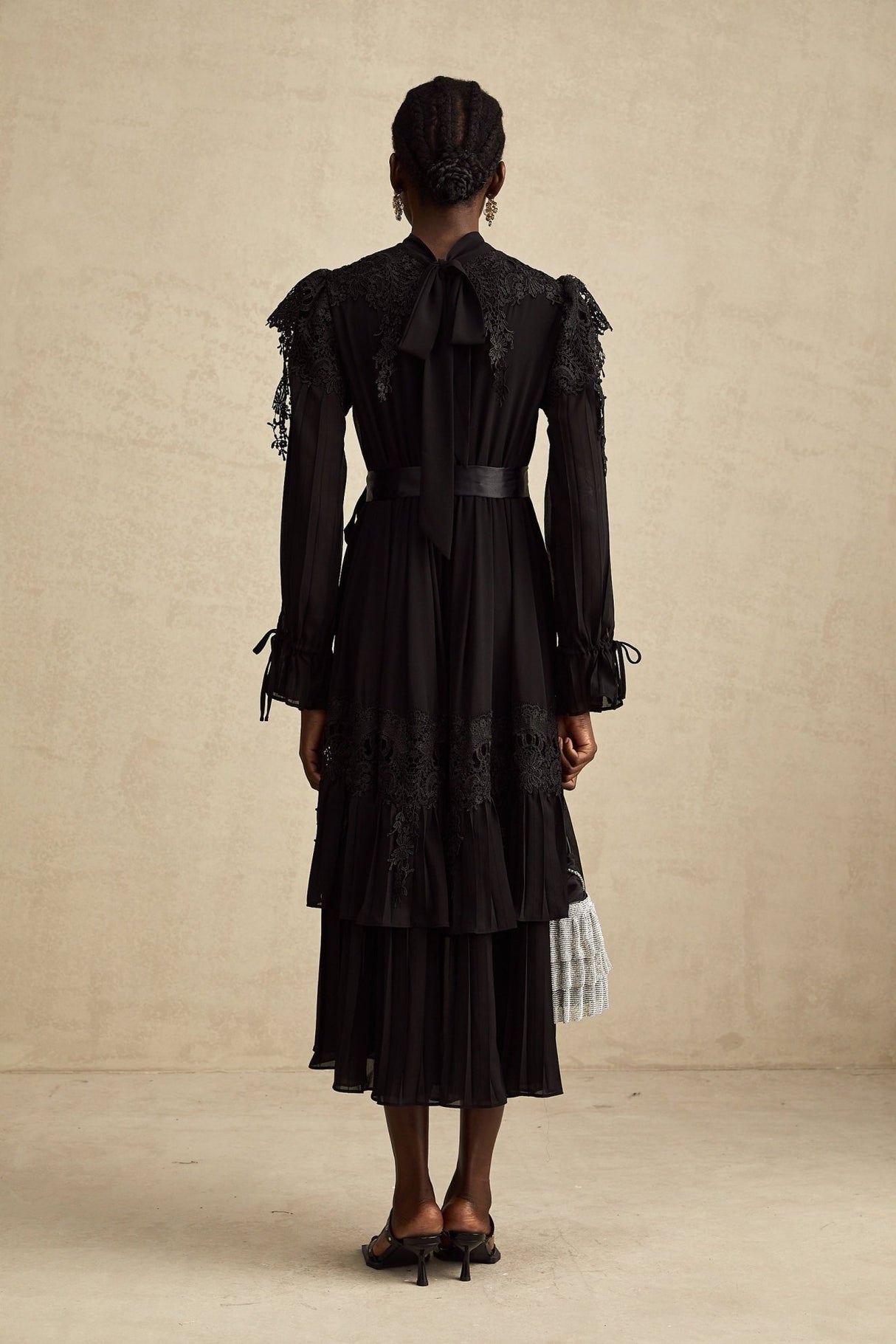 Gaetana Midi Dress - Long Sleeves - Guipure Lace - Ruffled Trim - Pleated & Tiered Design - Belted Waist