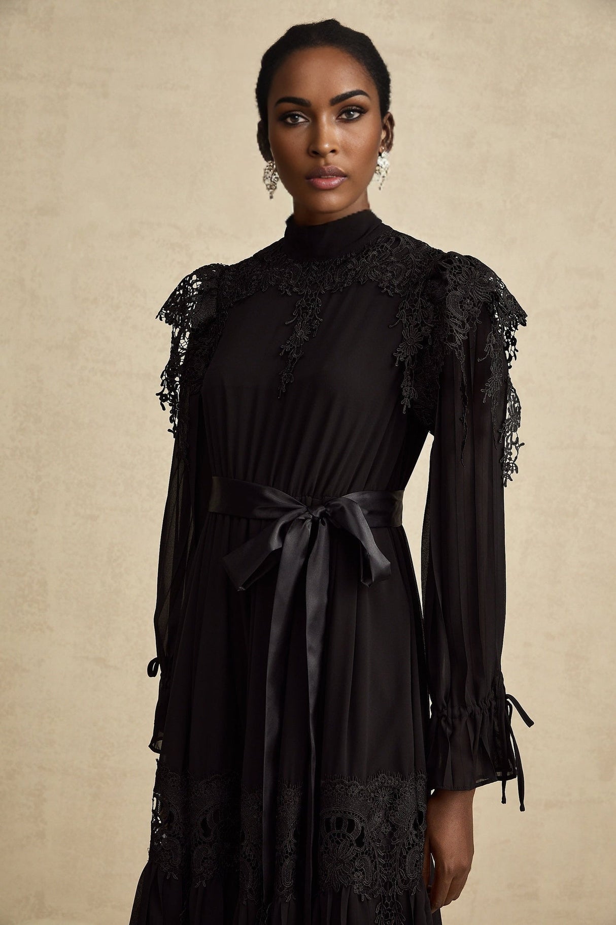 Gaetana Midi Dress - Long Sleeves - Guipure Lace - Ruffled Trim - Pleated & Tiered Design - Belted Waist
