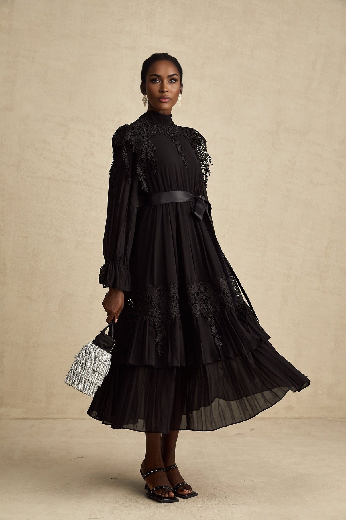Gaetana Midi Dress - Long Sleeves - Guipure Lace - Ruffled Trim - Pleated & Tiered Design - Belted Waist