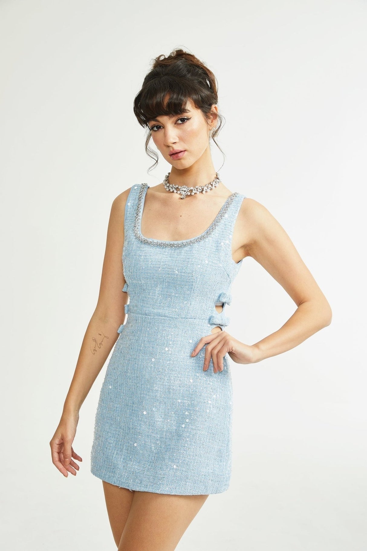 Gaetana Mini Dress - Sleeveless with Sequin and Crystal Embellishments - Cut - Out Design - Thigh Length Fit