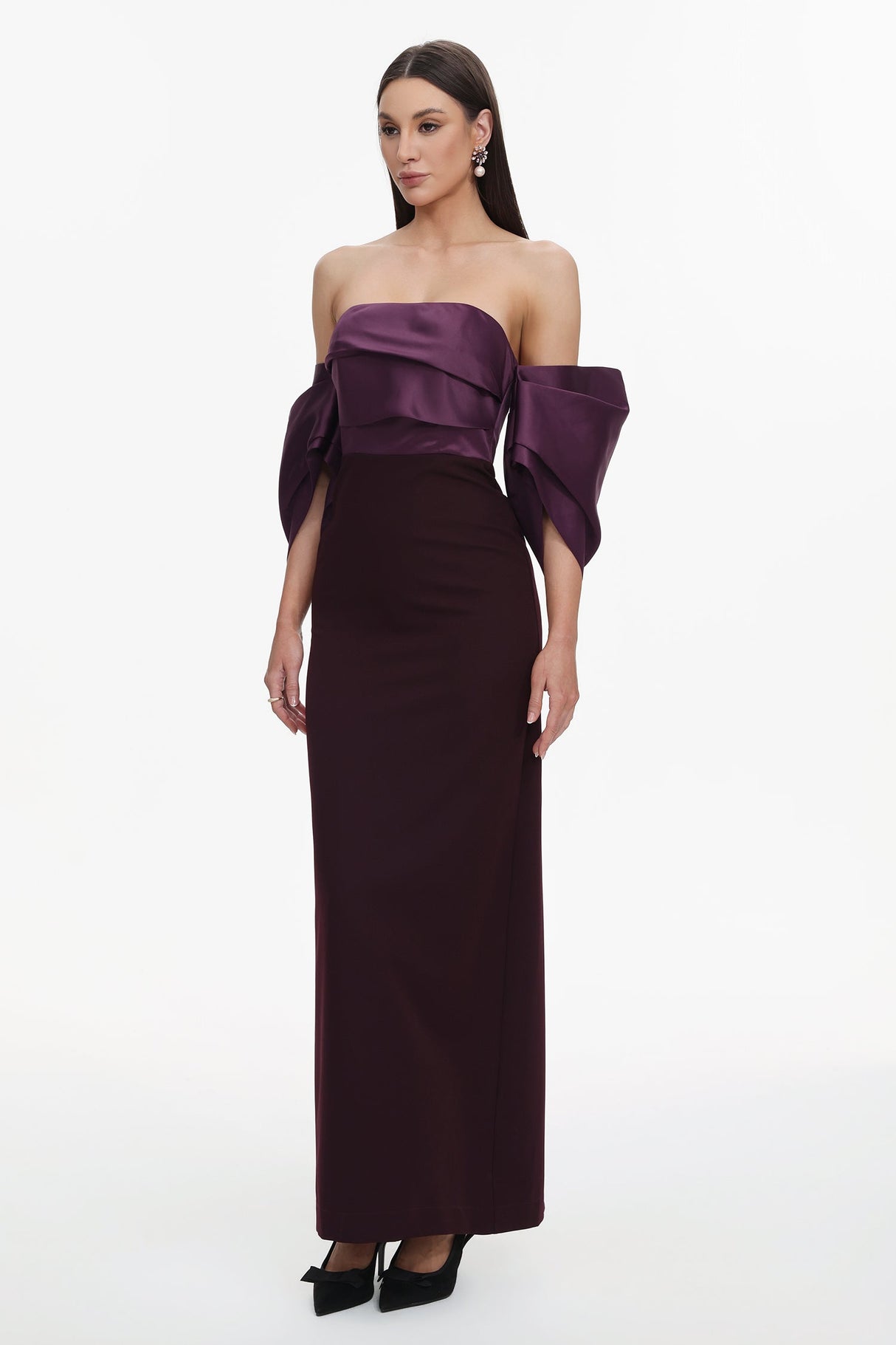 Gaia Purple Satin Off-Shoulder Dress with Pleated Detailing and Flowing Sleeves