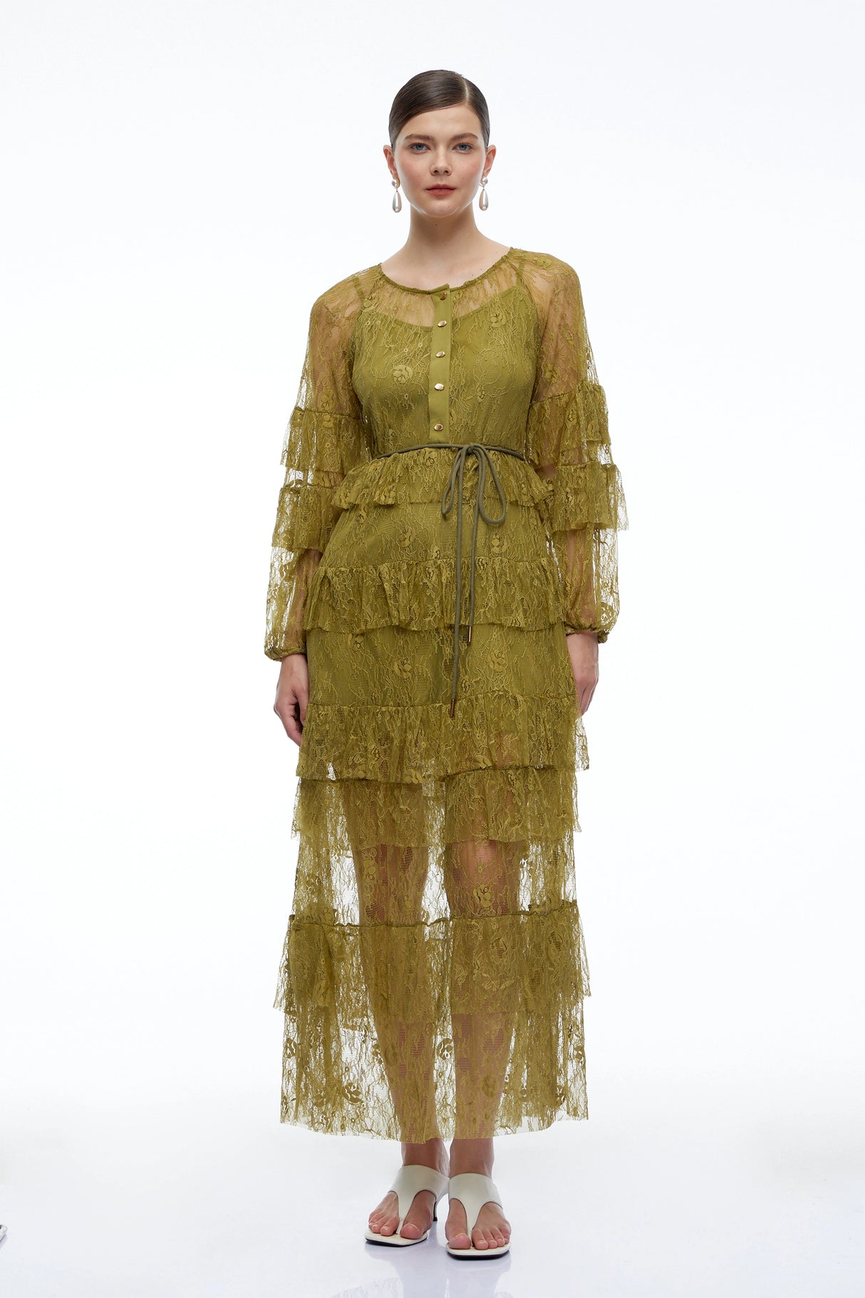 Galatea Green Tiered Lace Long Sleeves Maxi Dress