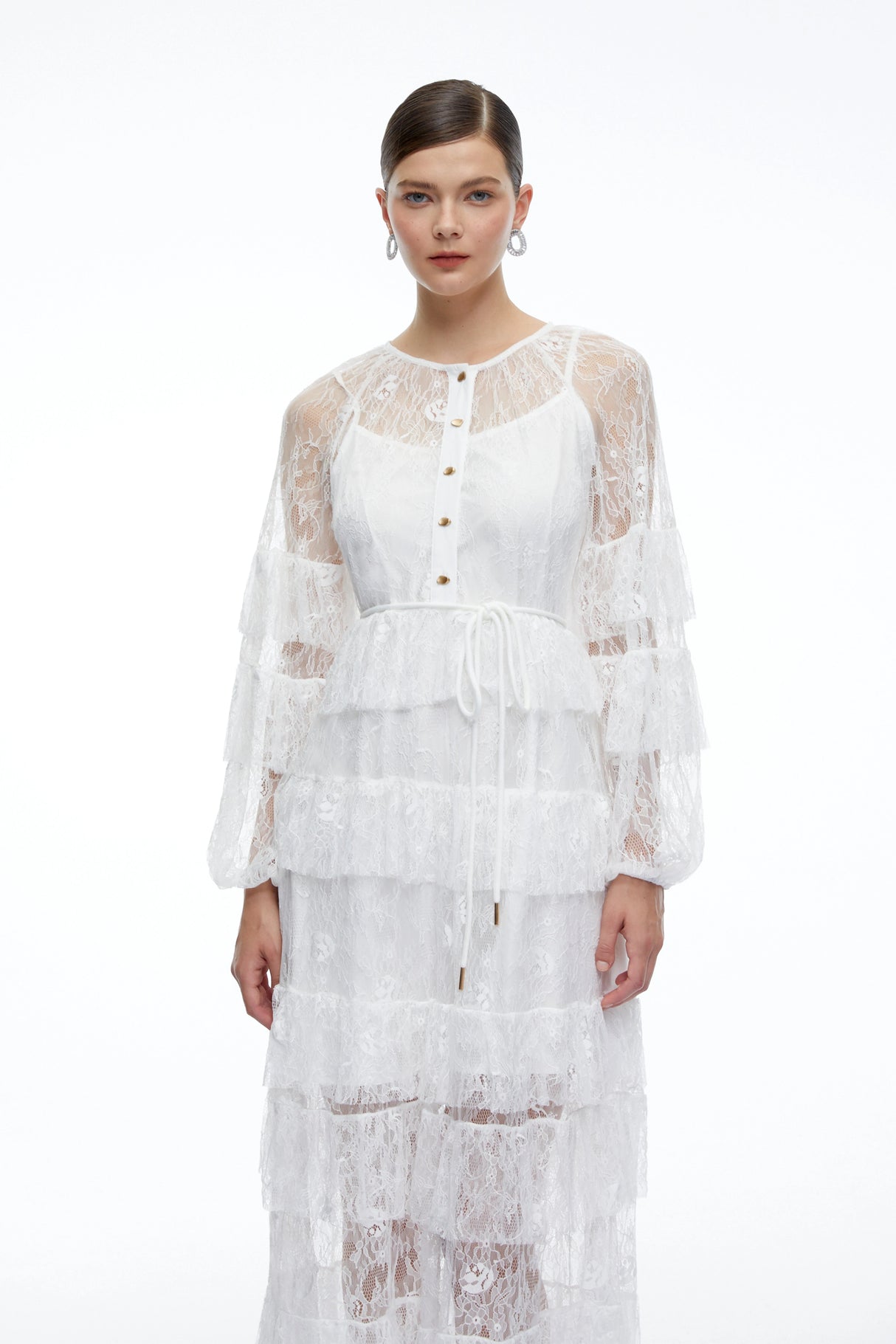Galatea White Tiered Lace Long Sleeves Maxi Dress