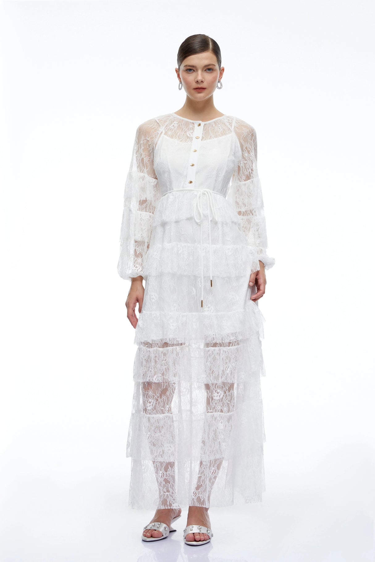 Galatea White Tiered Lace Long Sleeves Maxi Dress