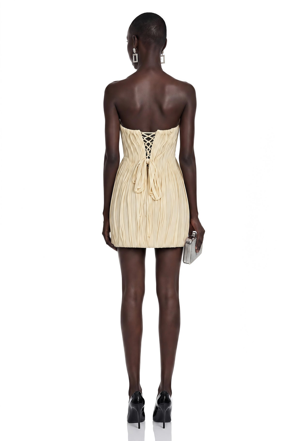 Gamze Champagne Off Shoulder Ruched Mini Dress