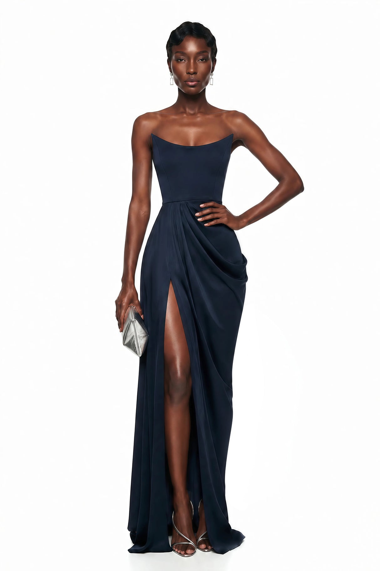 Gamze Navy Blue Draped Maxi Dress with High Slit