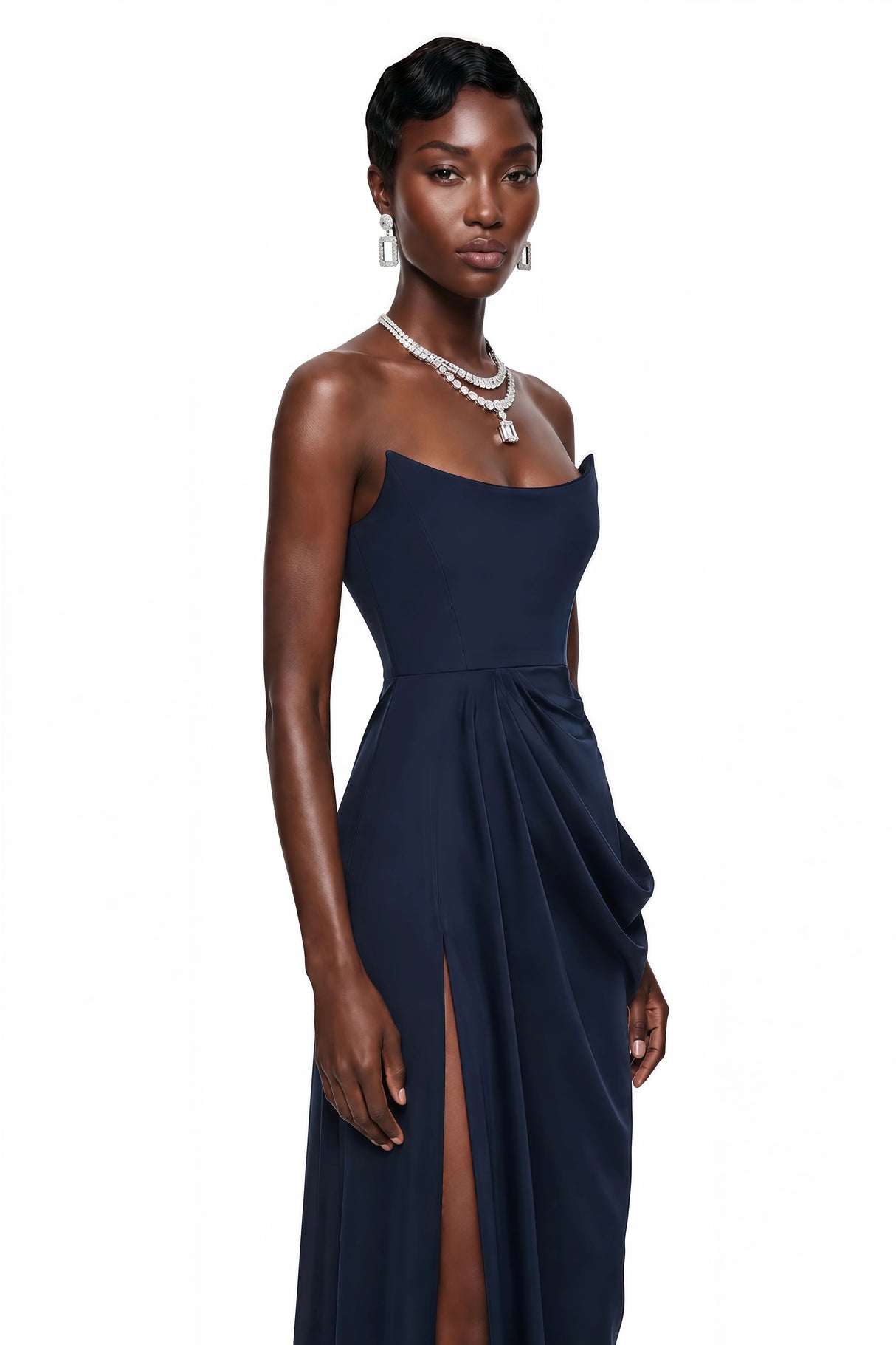 Gamze Navy Blue Draped Maxi Dress with High Slit
