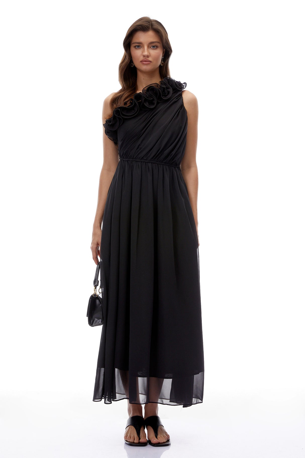 Garance Black One Shoulder Ruched Maxi Dress