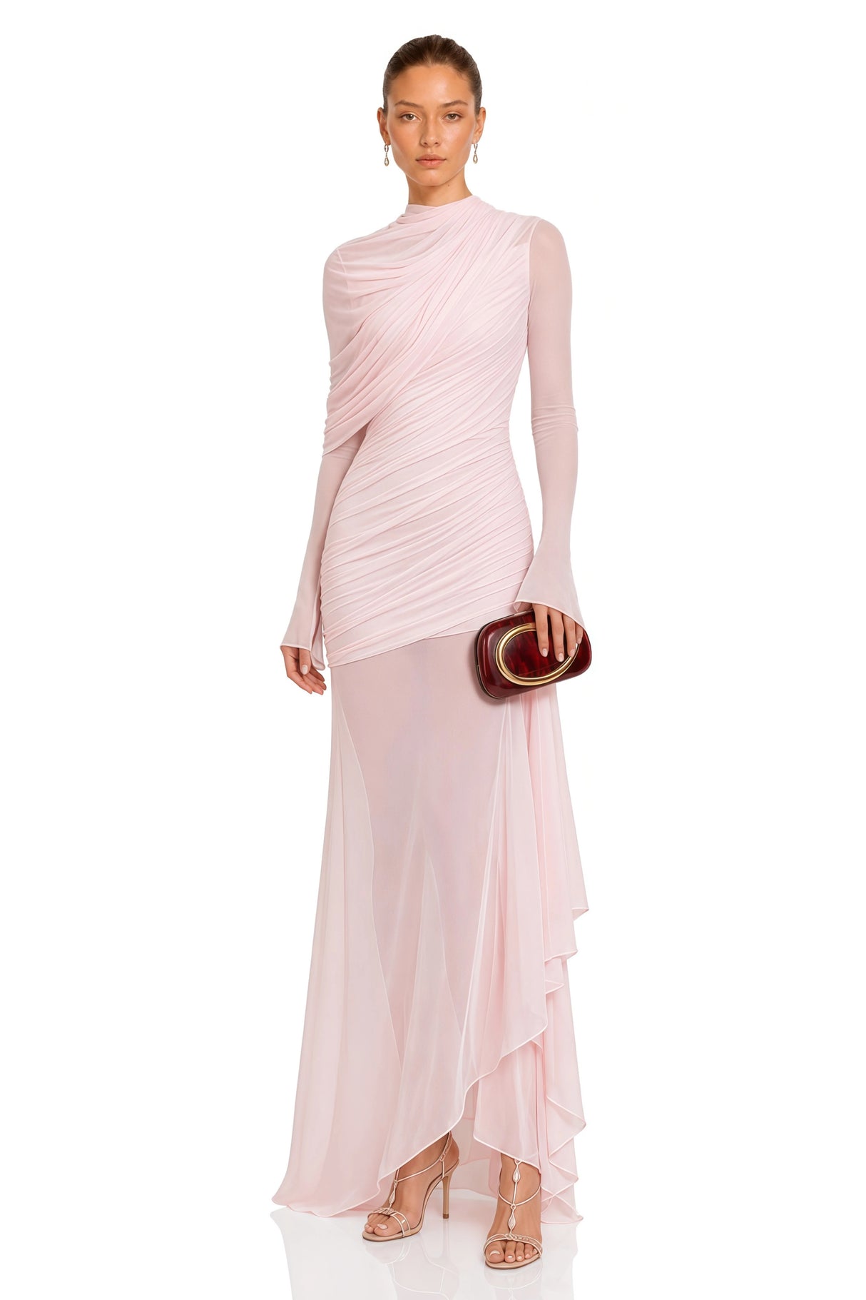 Garance Pink Asymmetrical Ruched Mesh Maxi Dress