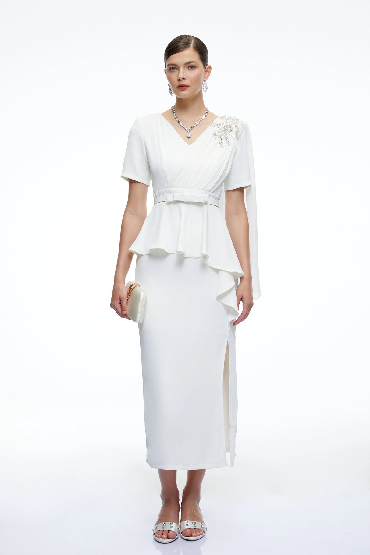 Garance White Belted Midi Dress with Cape Sleeves