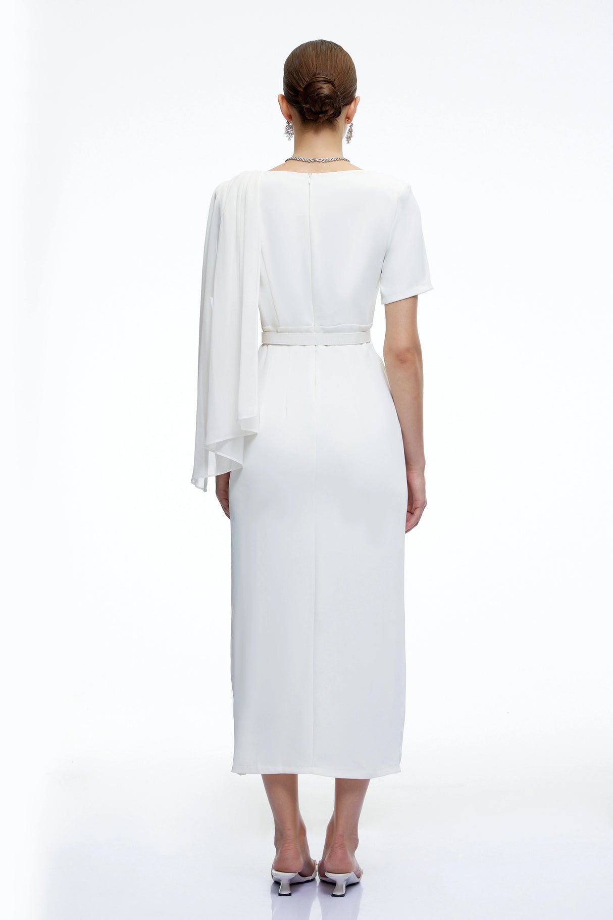 Garance White Belted Midi Dress with Cape Sleeves
