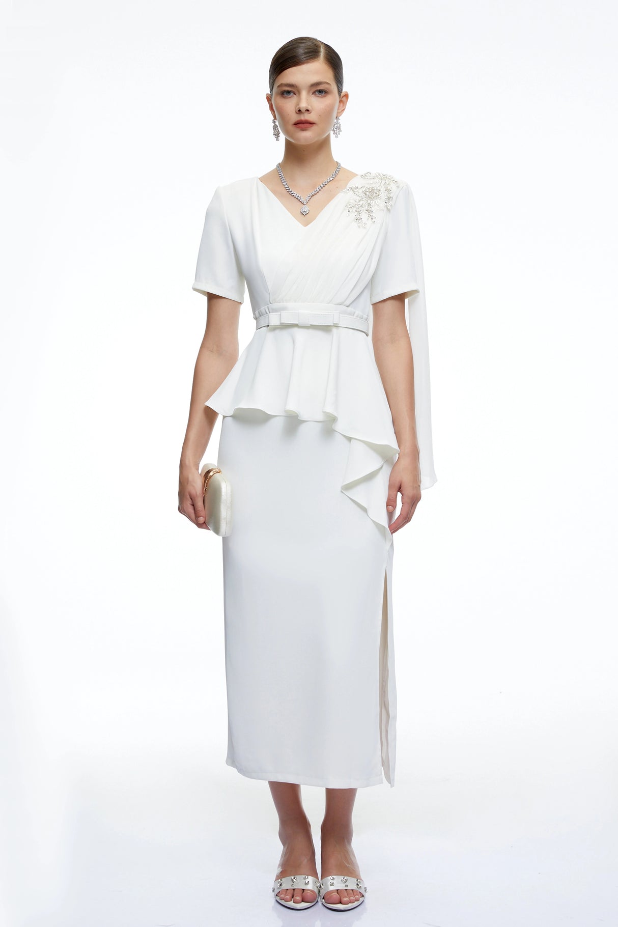 Garance White Belted Midi Dress with Cape Sleeves