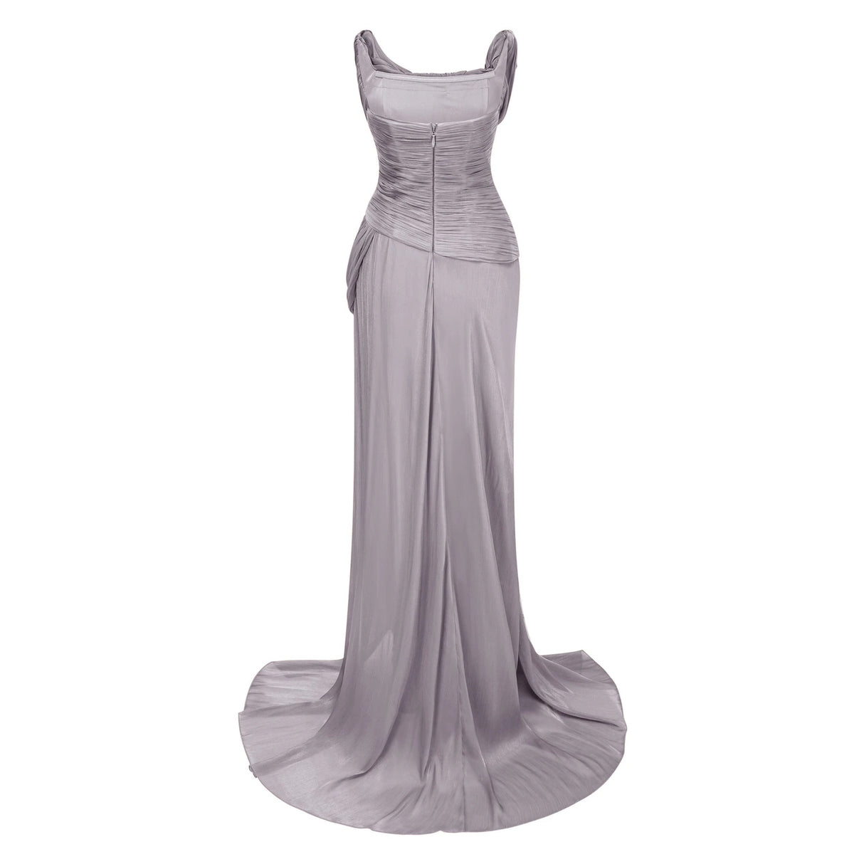 Gelsomina Grey Asymmetrical Glossy Gathered Maxi Dress