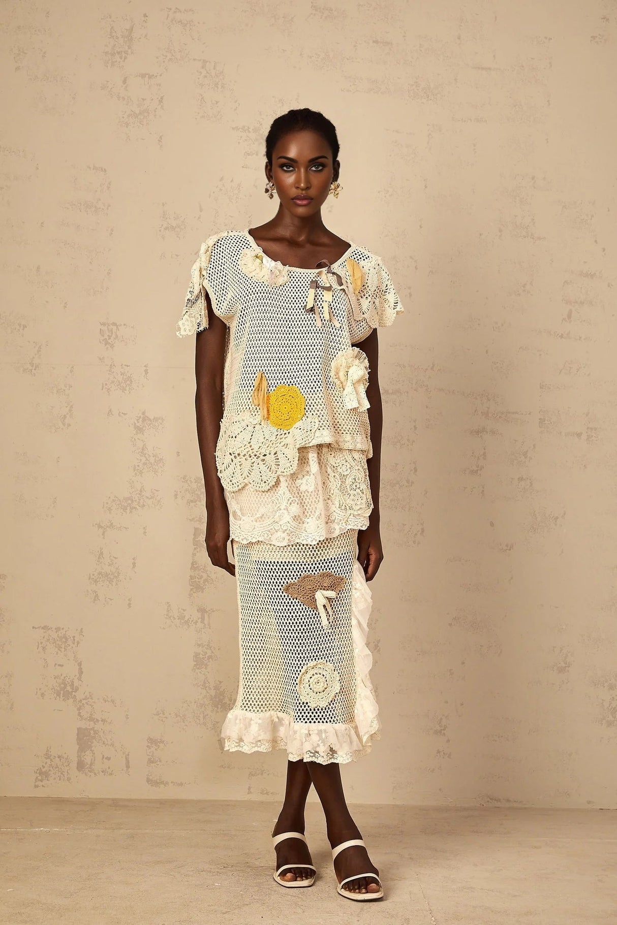 Gelsomina Lace Crochet Skirt with Floral Detail in Neutrals