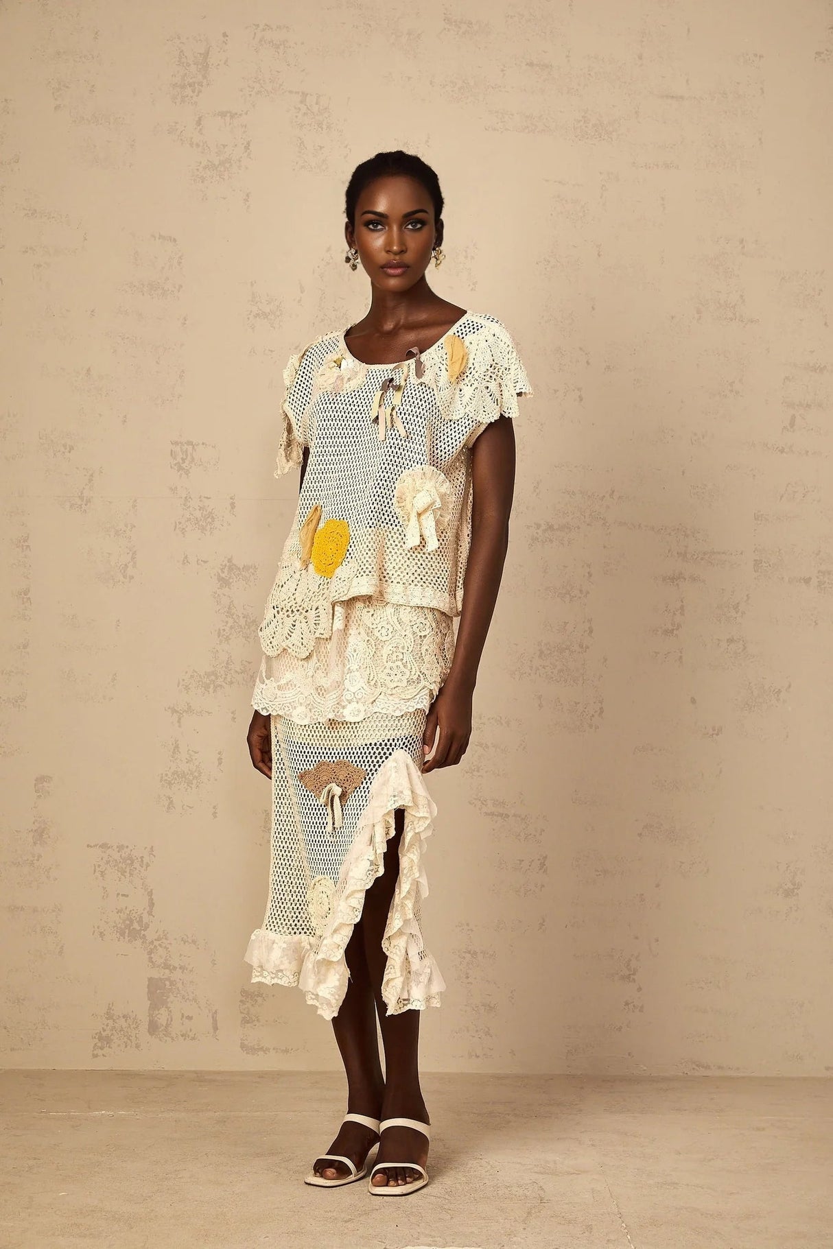 Gelsomina Lace Crochet Skirt with Floral Detail in Neutrals