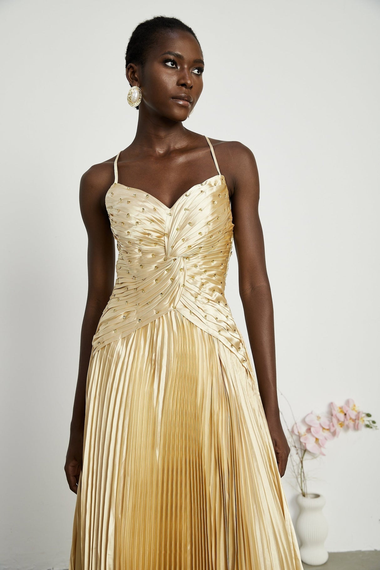 Gelsomina Maxi Dress - V Neck - Bustier Style - Sequin Embellished - Sleeveless - Pleated