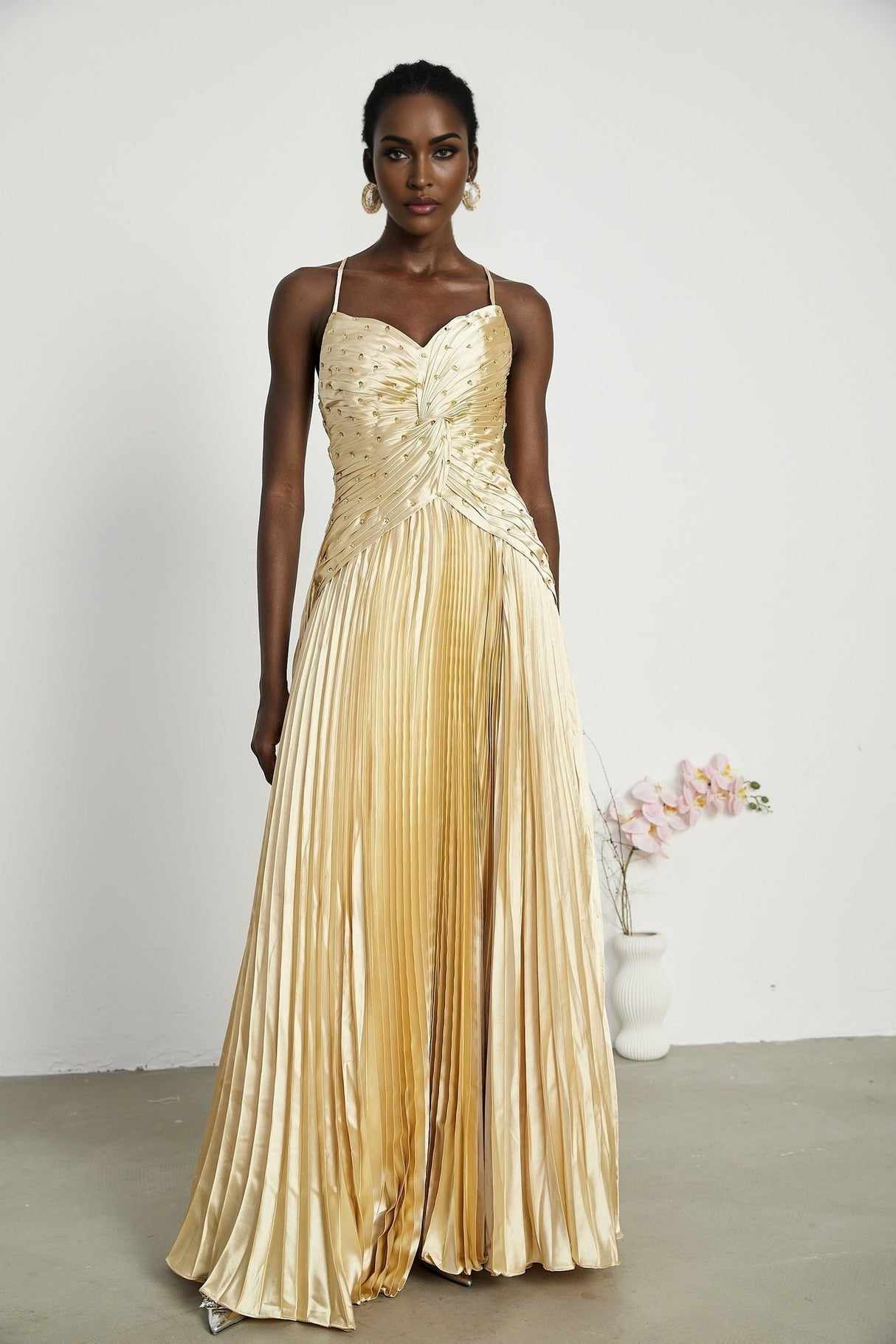 Gelsomina Maxi Dress - V Neck - Bustier Style - Sequin Embellished - Sleeveless - Pleated