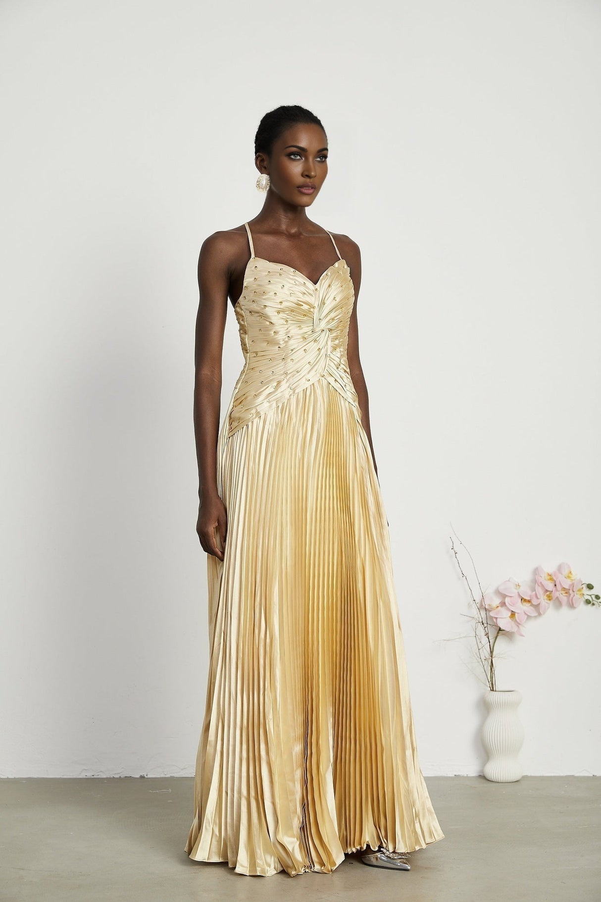 Gelsomina Maxi Dress - V Neck - Bustier Style - Sequin Embellished - Sleeveless - Pleated