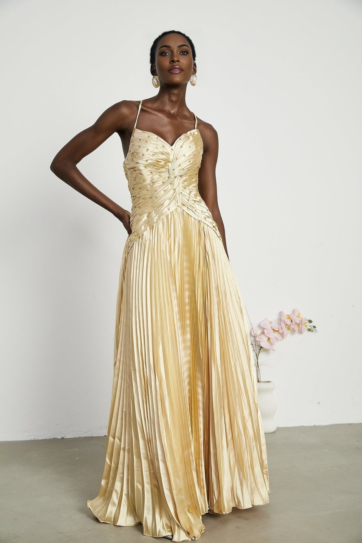 Gelsomina Maxi Dress - V Neck - Bustier Style - Sequin Embellished - Sleeveless - Pleated