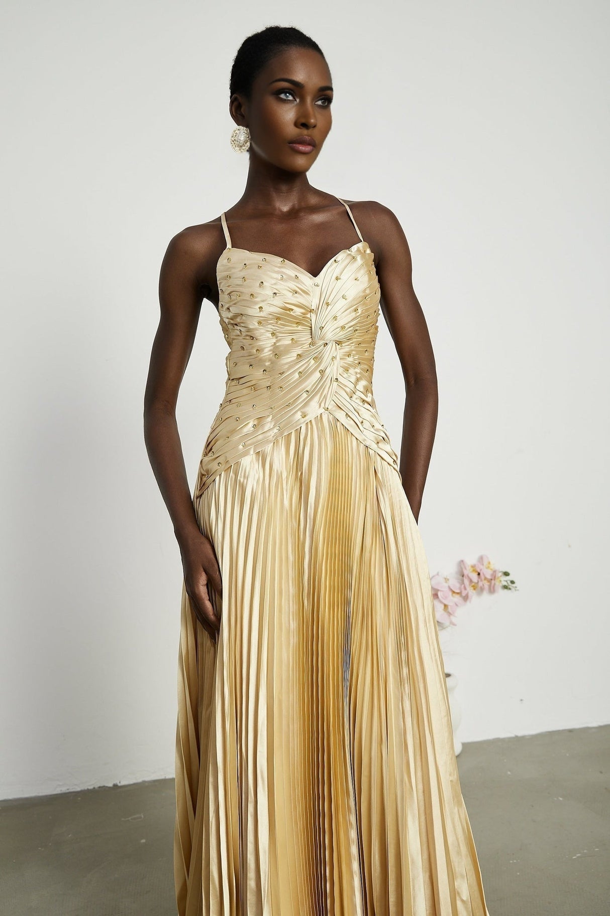 Gelsomina Maxi Dress - V Neck - Bustier Style - Sequin Embellished - Sleeveless - Pleated