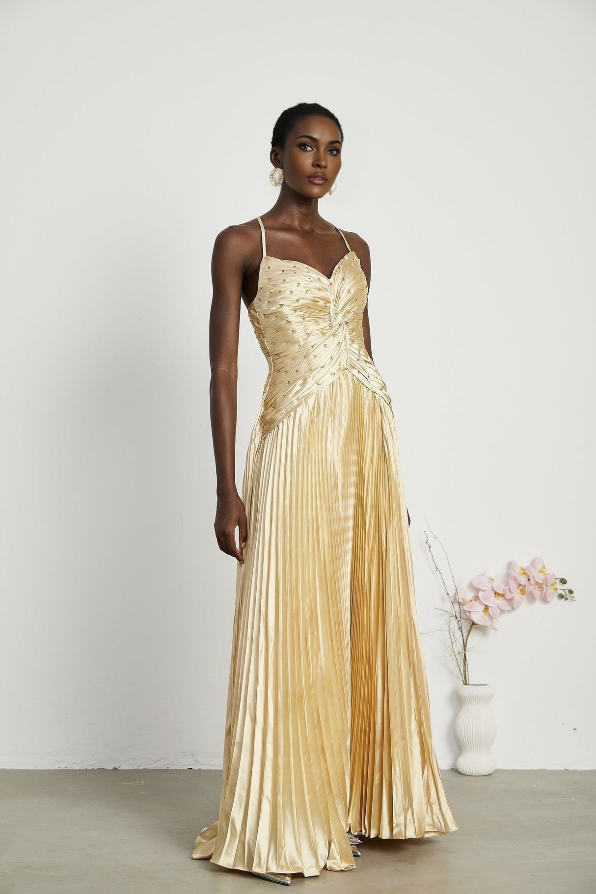 Gelsomina Maxi Dress - V Neck - Bustier Style - Sequin Embellished - Sleeveless - Pleated