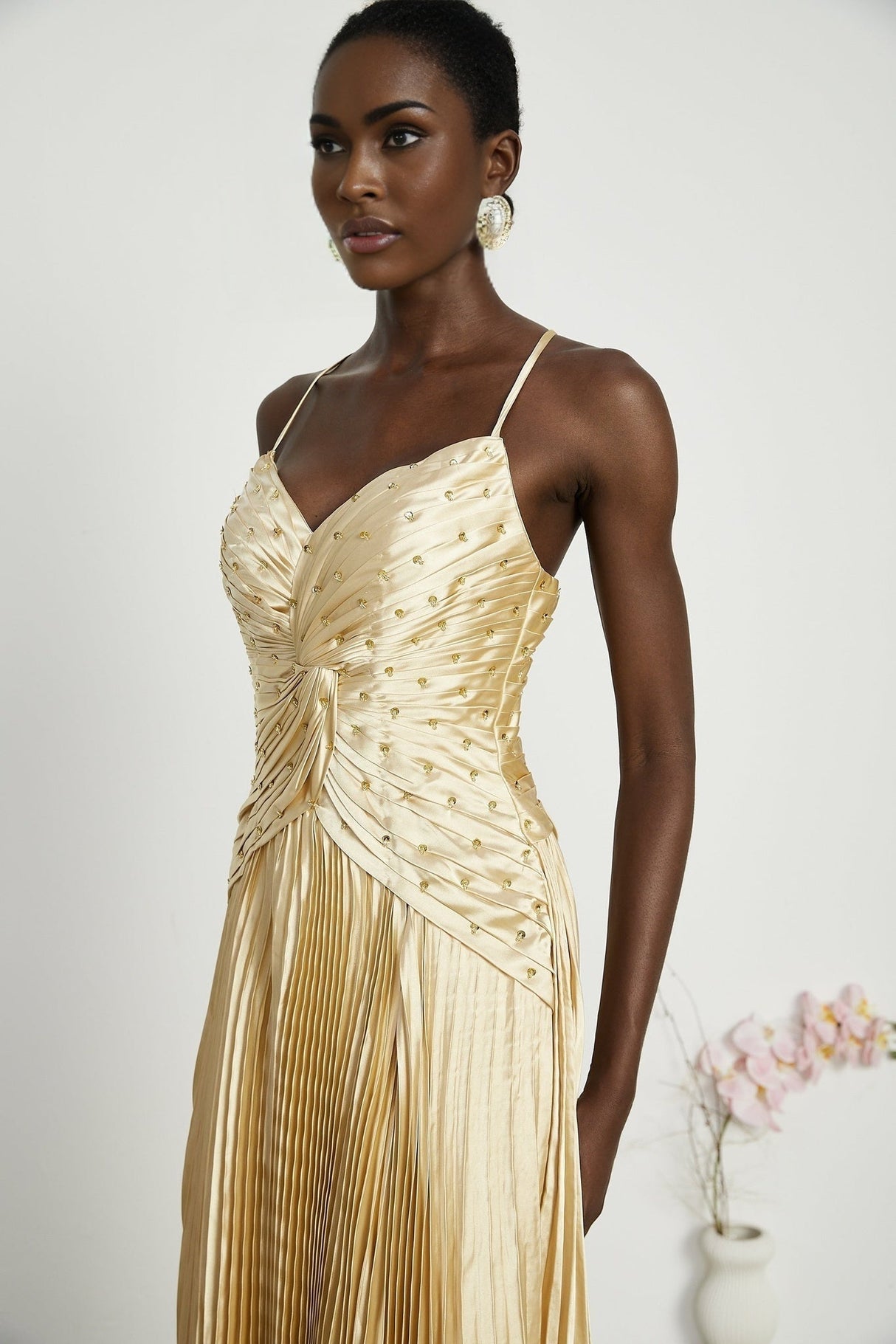Gelsomina Maxi Dress - V Neck - Bustier Style - Sequin Embellished - Sleeveless - Pleated