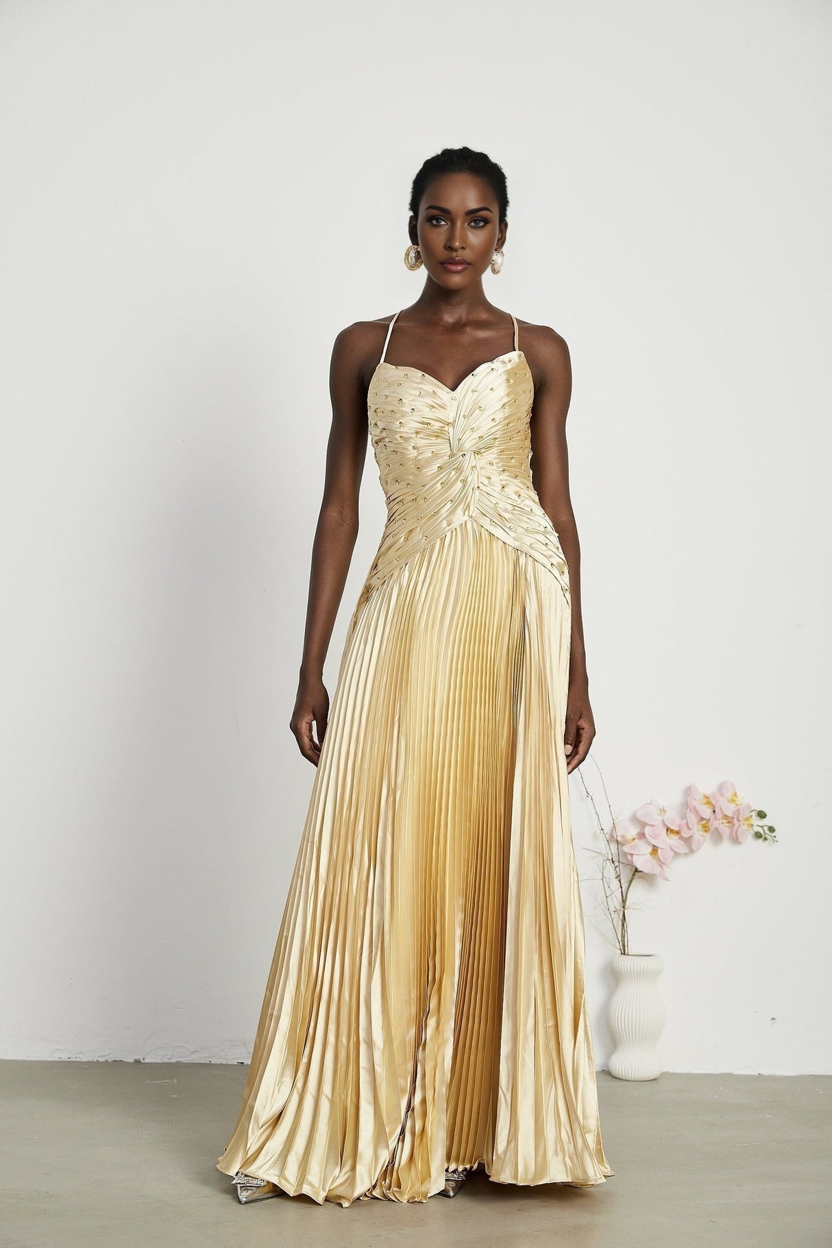 Gelsomina Maxi Dress - V Neck - Bustier Style - Sequin Embellished - Sleeveless - Pleated
