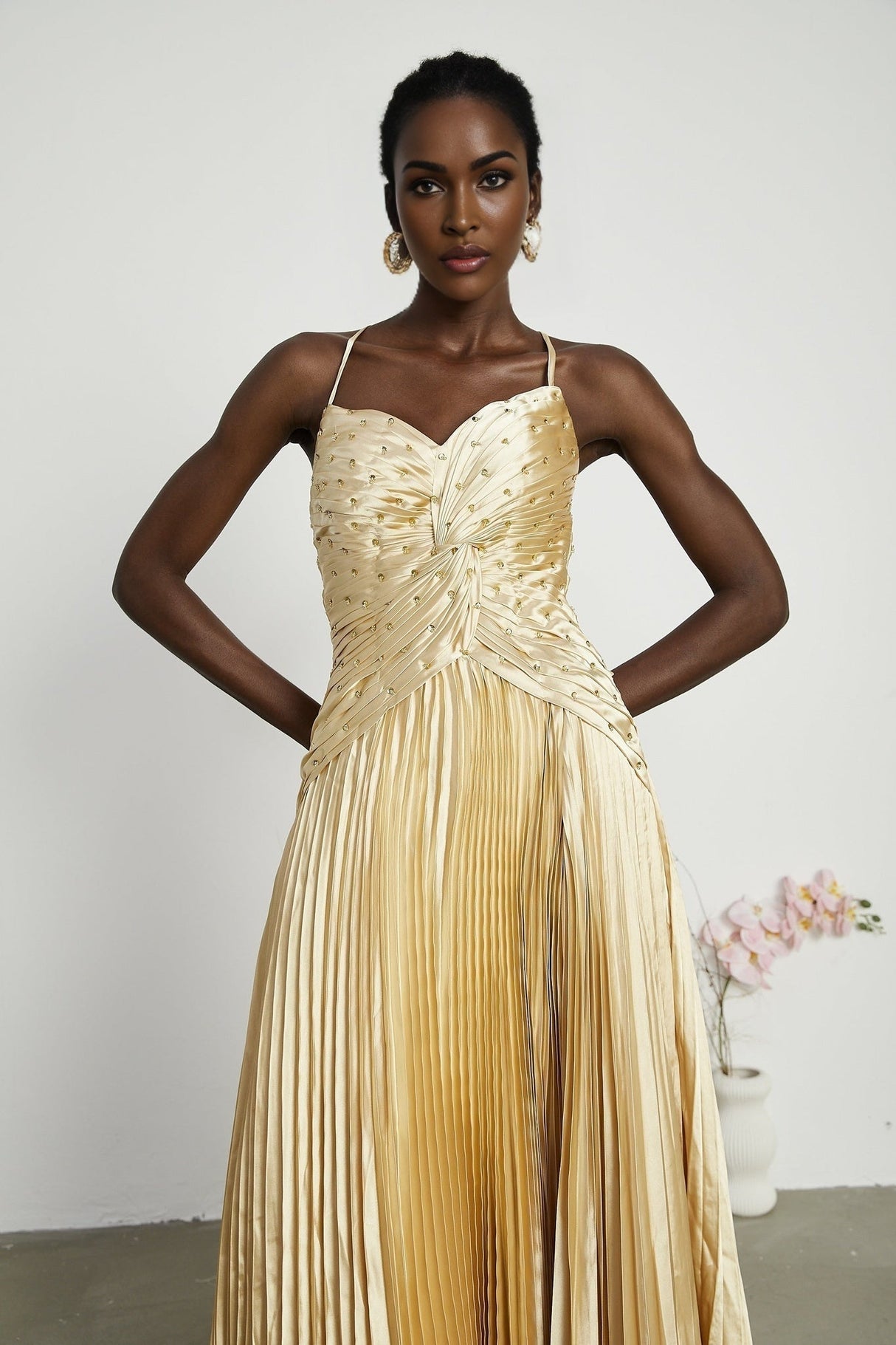Gelsomina Maxi Dress - V Neck - Bustier Style - Sequin Embellished - Sleeveless - Pleated