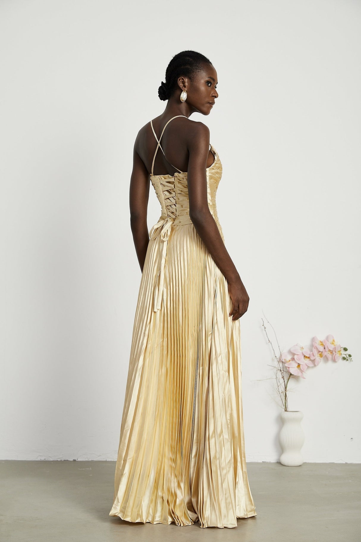 Gelsomina Maxi Dress - V Neck - Bustier Style - Sequin Embellished - Sleeveless - Pleated