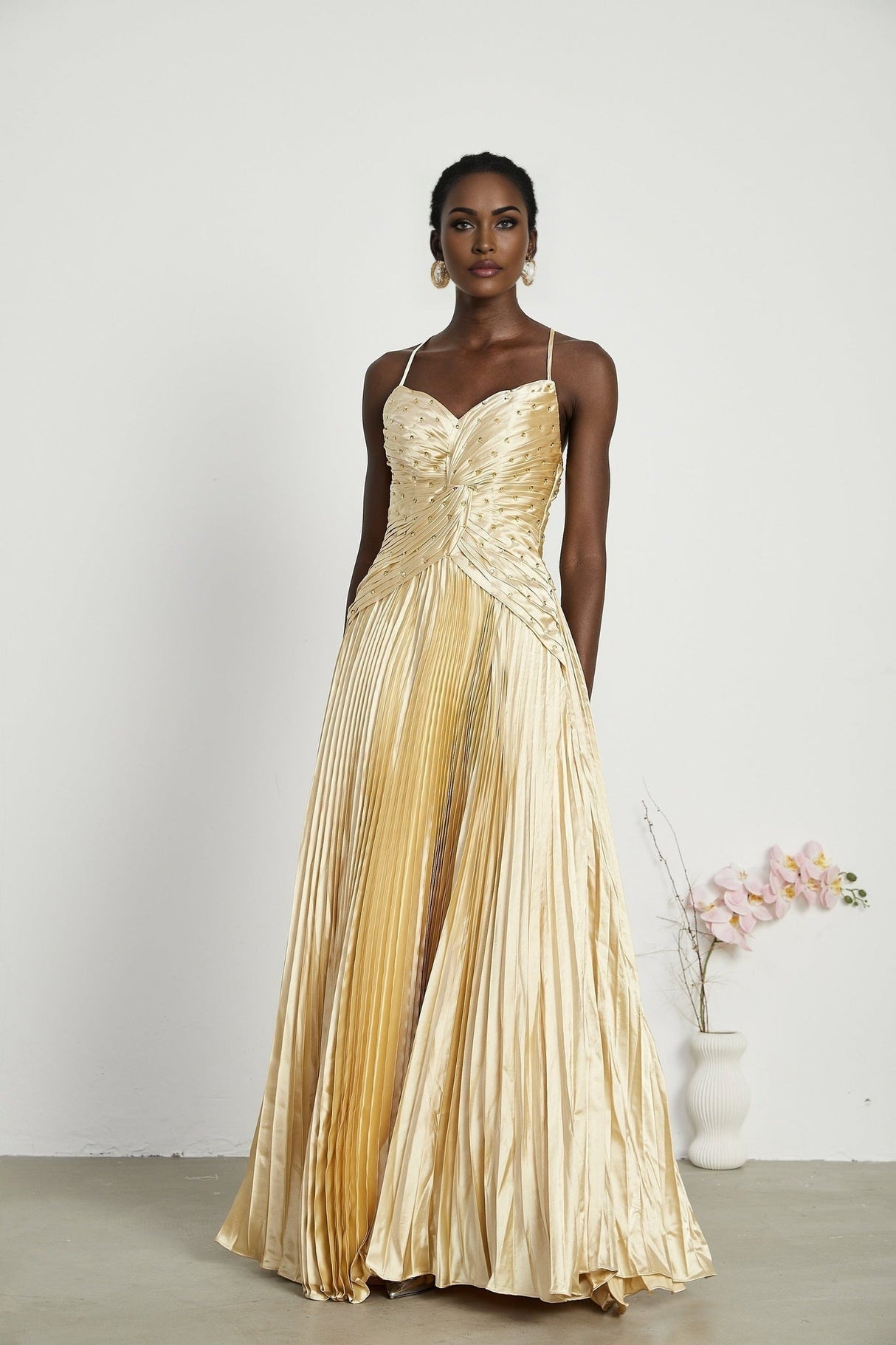 Gelsomina Maxi Dress - V Neck - Bustier Style - Sequin Embellished - Sleeveless - Pleated