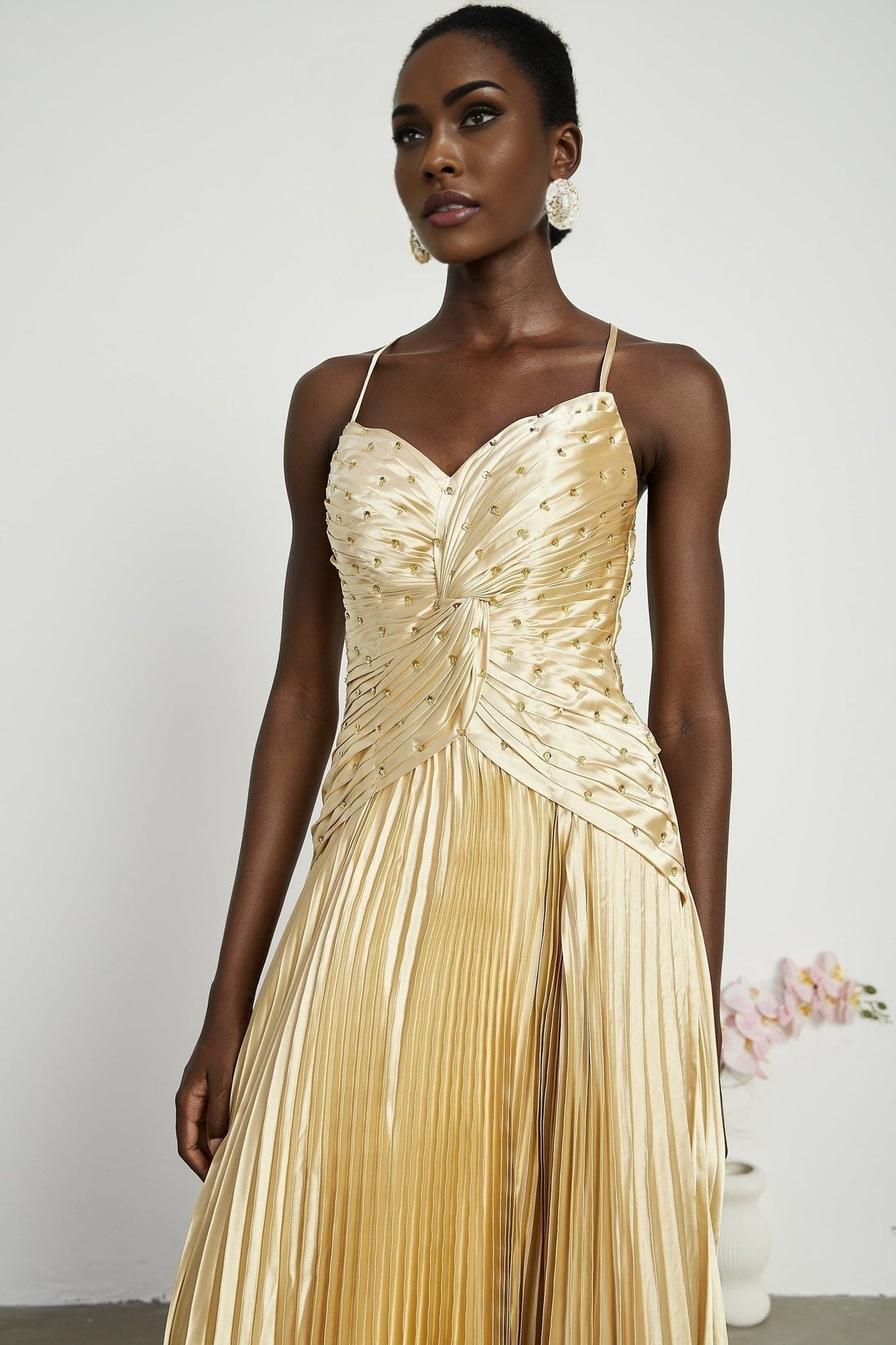 Gelsomina Maxi Dress - V Neck - Bustier Style - Sequin Embellished - Sleeveless - Pleated