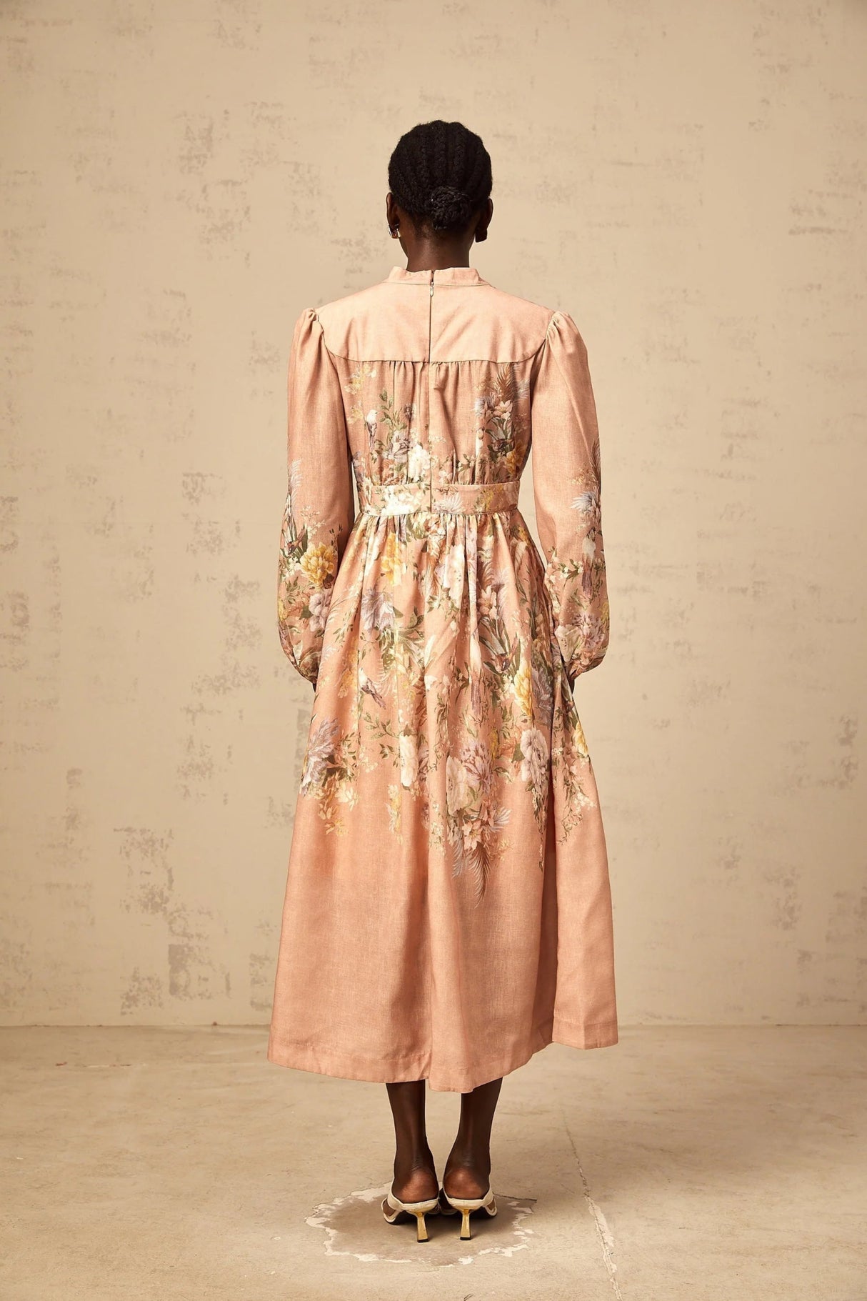 Gelsomina Midi Dress Pink Floral Print Puff Sleeve V - Neck Flared Calf Length