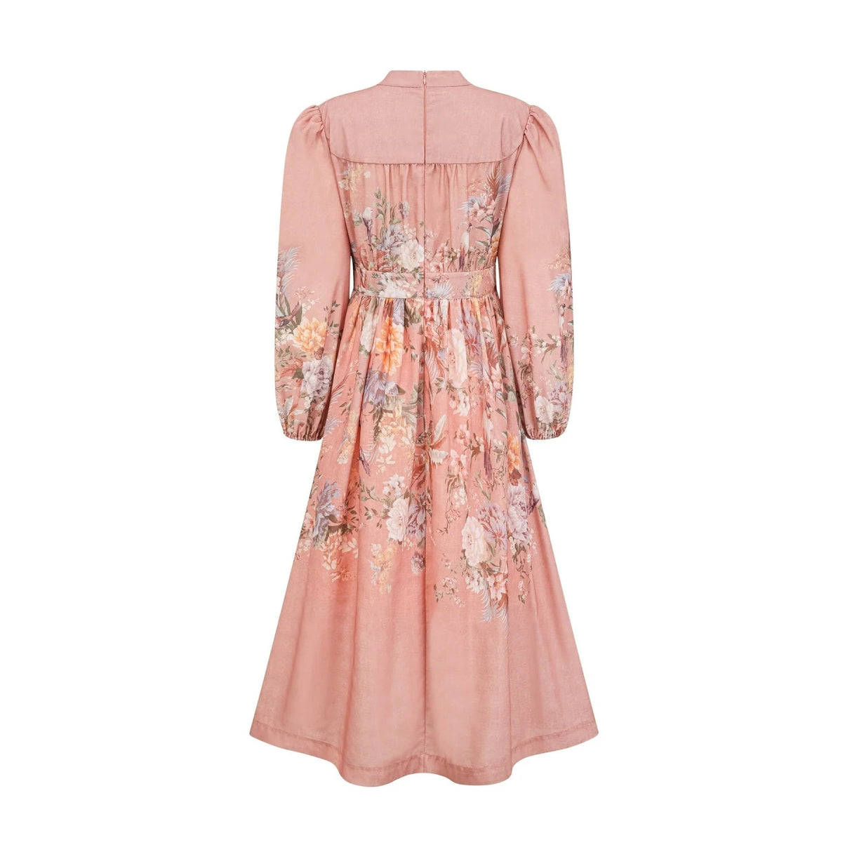 Gelsomina Midi Dress Pink Floral Print Puff Sleeve V - Neck Flared Calf Length