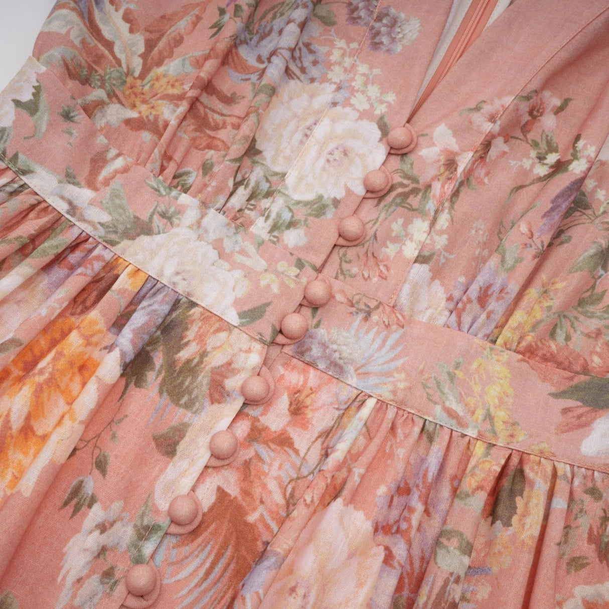 Gelsomina Midi Dress Pink Floral Print Puff Sleeve V - Neck Flared Calf Length